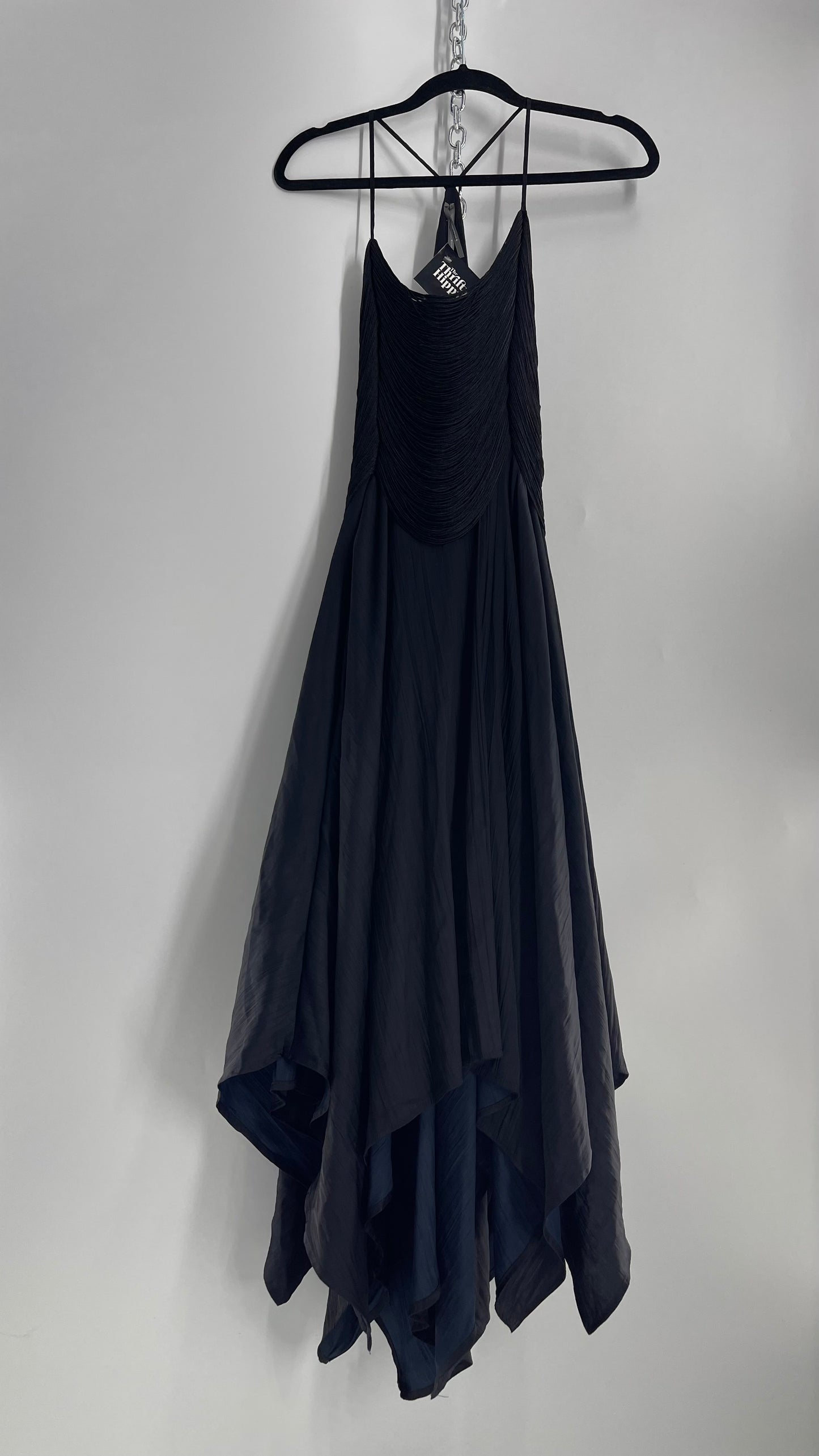 Anthropologie Black Handkerchief Hem Midi Dress with Heavy Draped Rope Bodice (4)