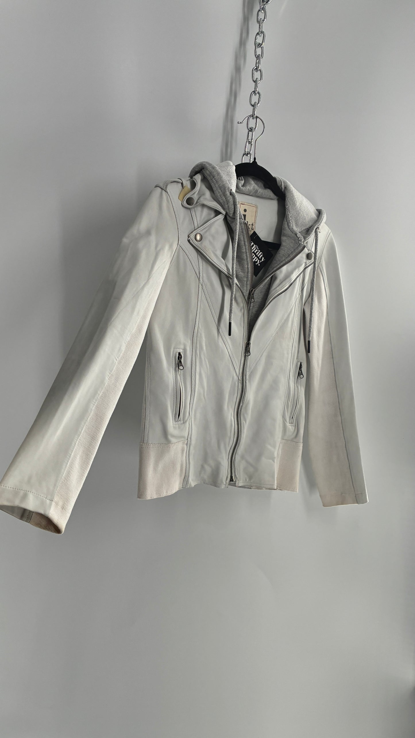 Jakett White Molly Burnished White Genuine Leather Double Layer Moto Jacket with Removable Grey Hoodie Insert (XS)