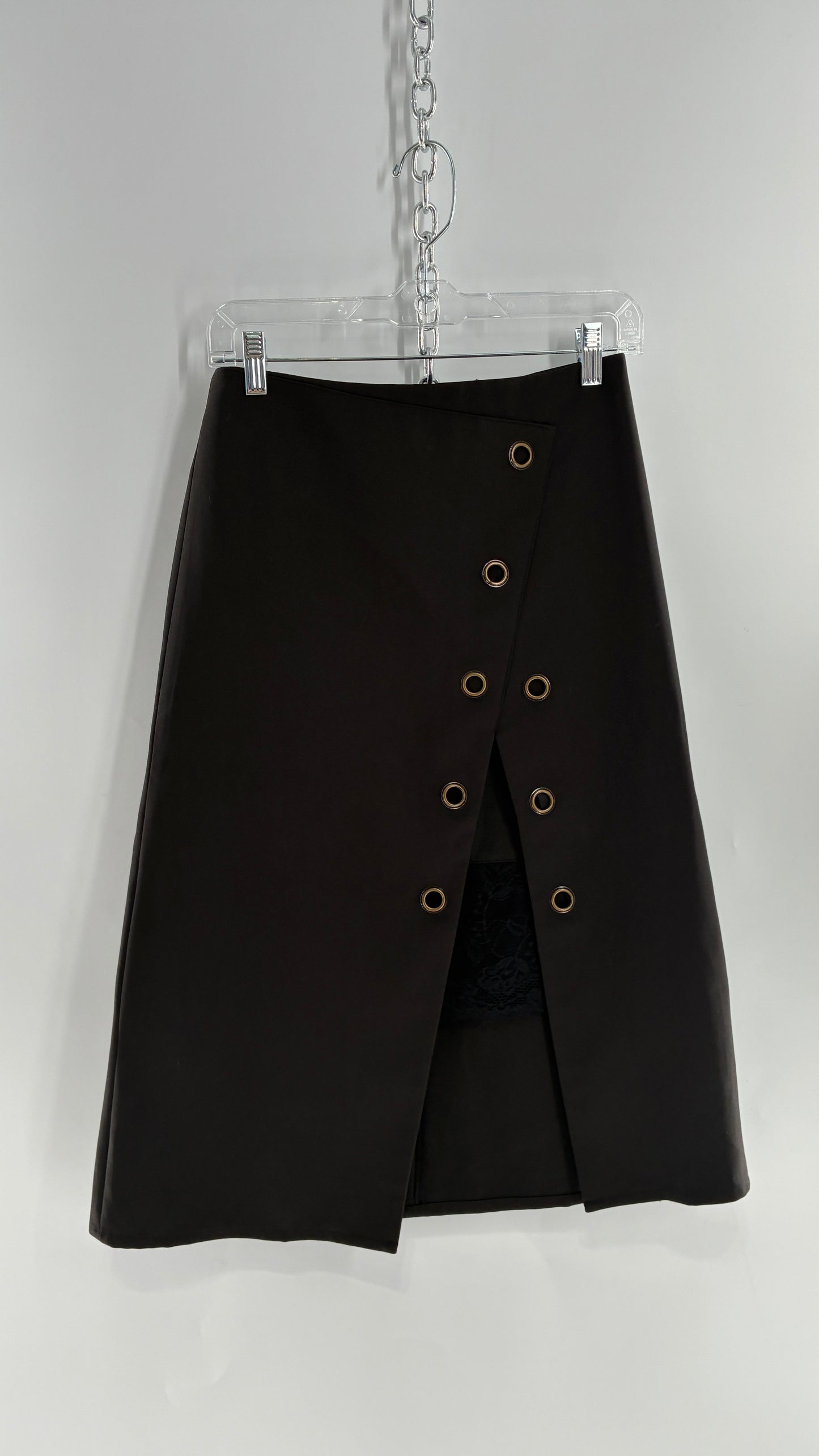 Vintage BYSI Black Skirt with Asymmetric Slit, Bronze Grommets and Lace Thigh Detail (EU36,UK8)