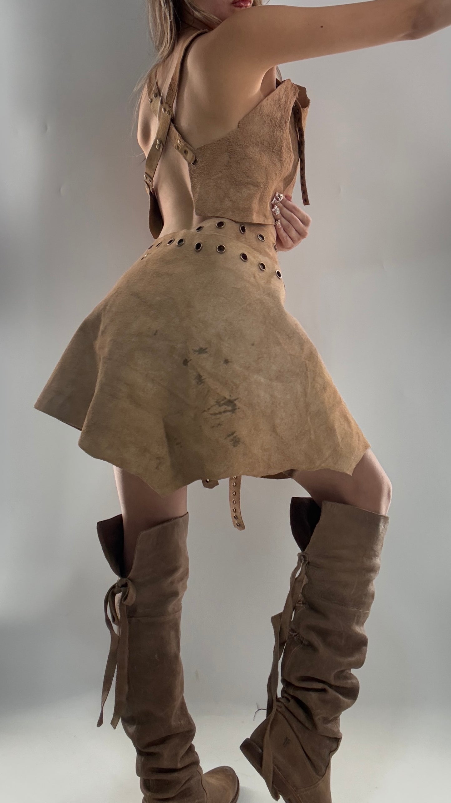 CUSTOM Handmade Rugged and Reversible Distressed Leather Two Piece Set with Grommet Waistband (XS-XL)