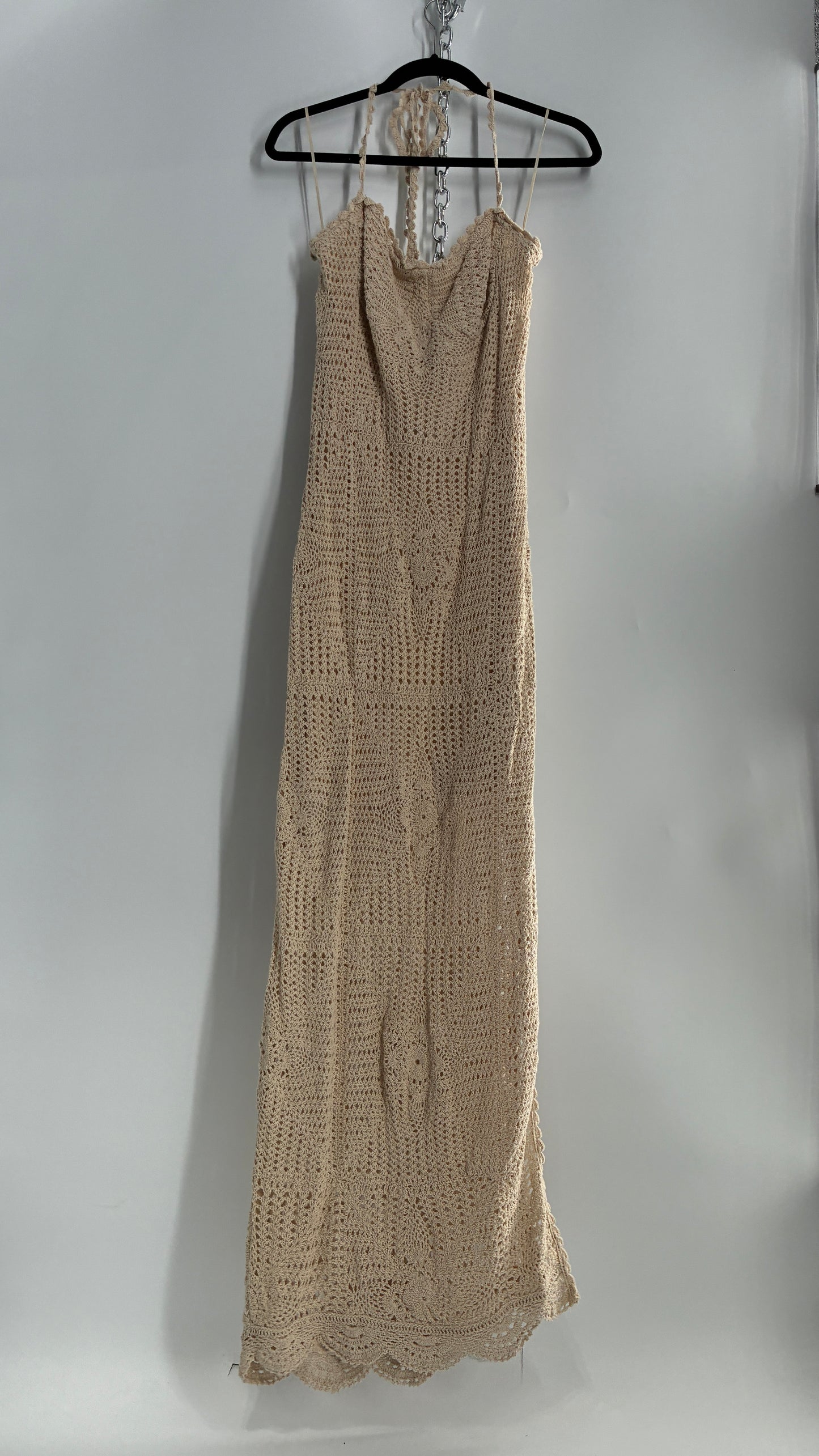 Free People Beige Crochet Knit Máxi Dress (Large)