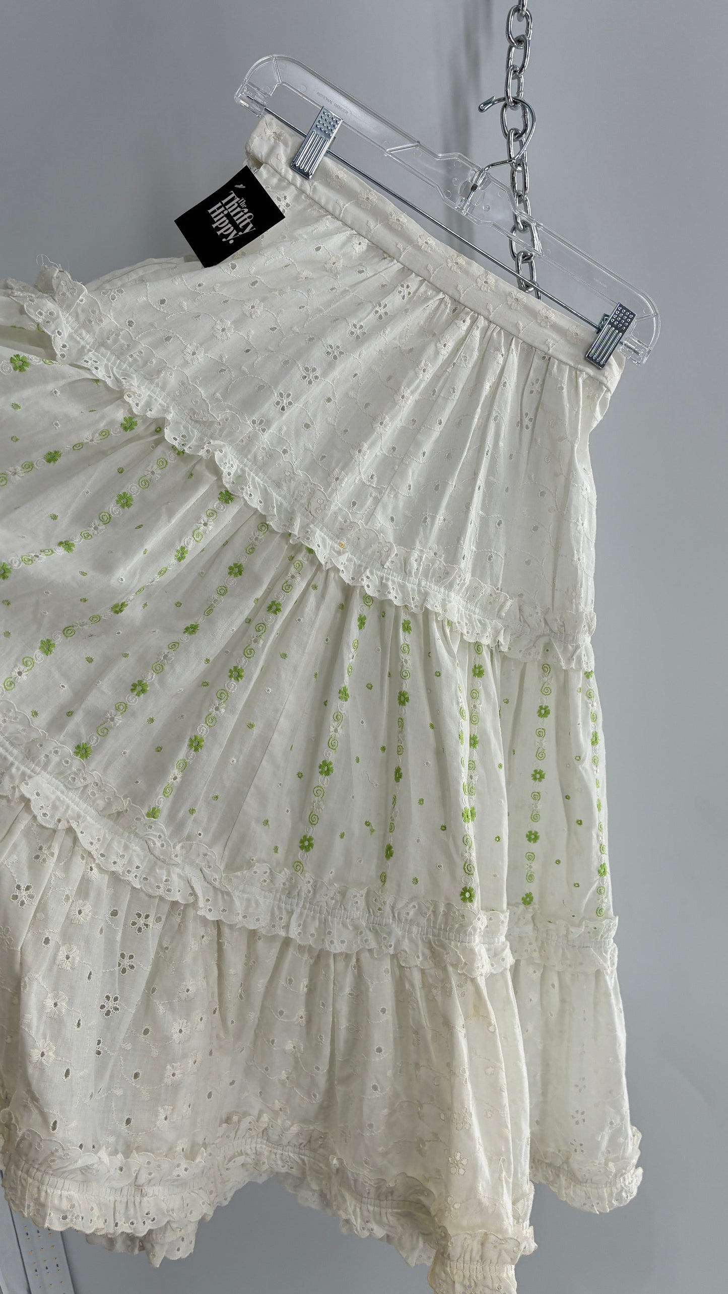 Vintage White Eyelet Lace Tiered Skirt with Ruffled Lace and Green Floral Embroidery (XS)