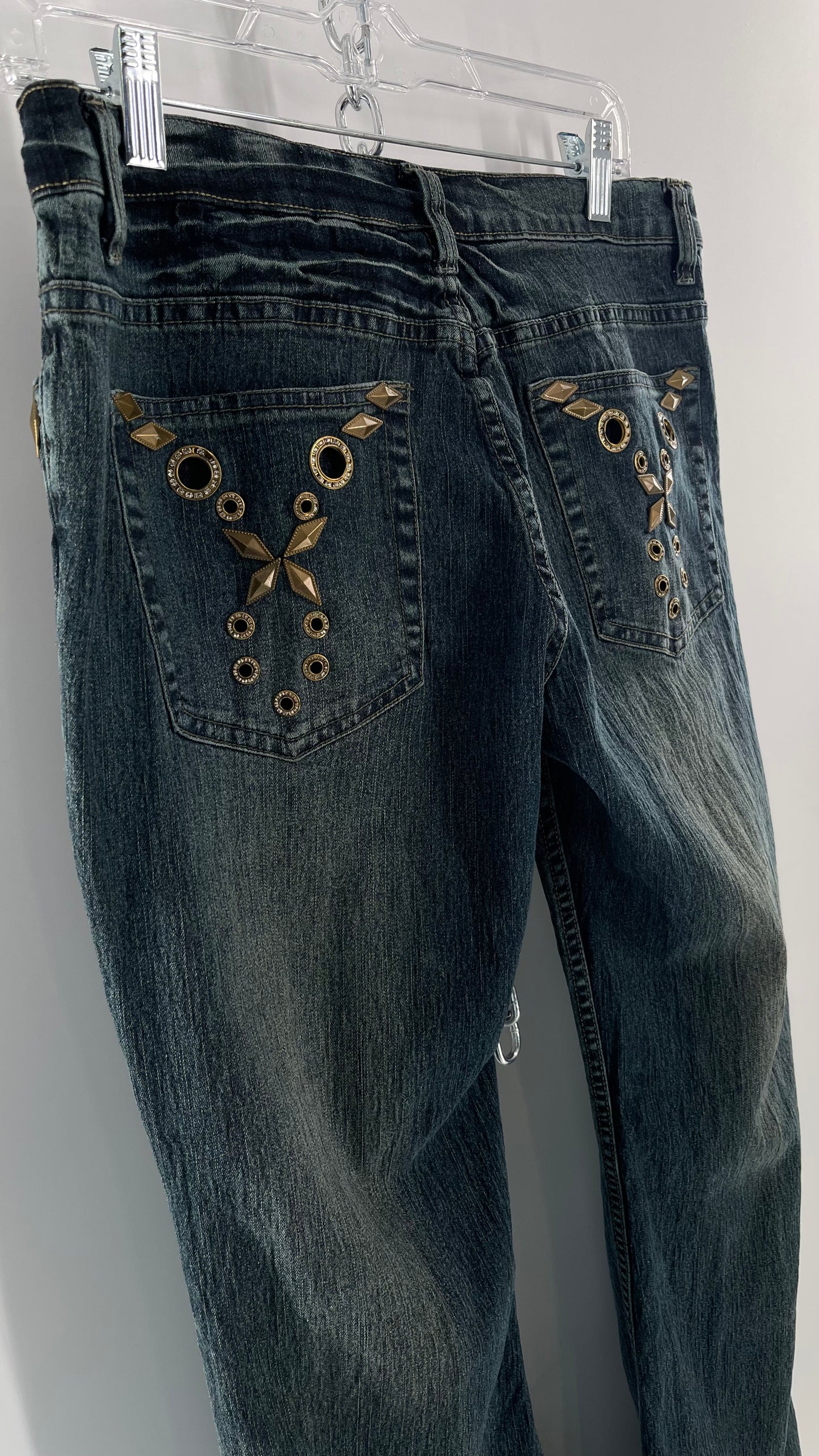 Vintage Blue Pointe Kickflare Medium Wash Jeans with Gold Rhinestone Metal Jewels (13)