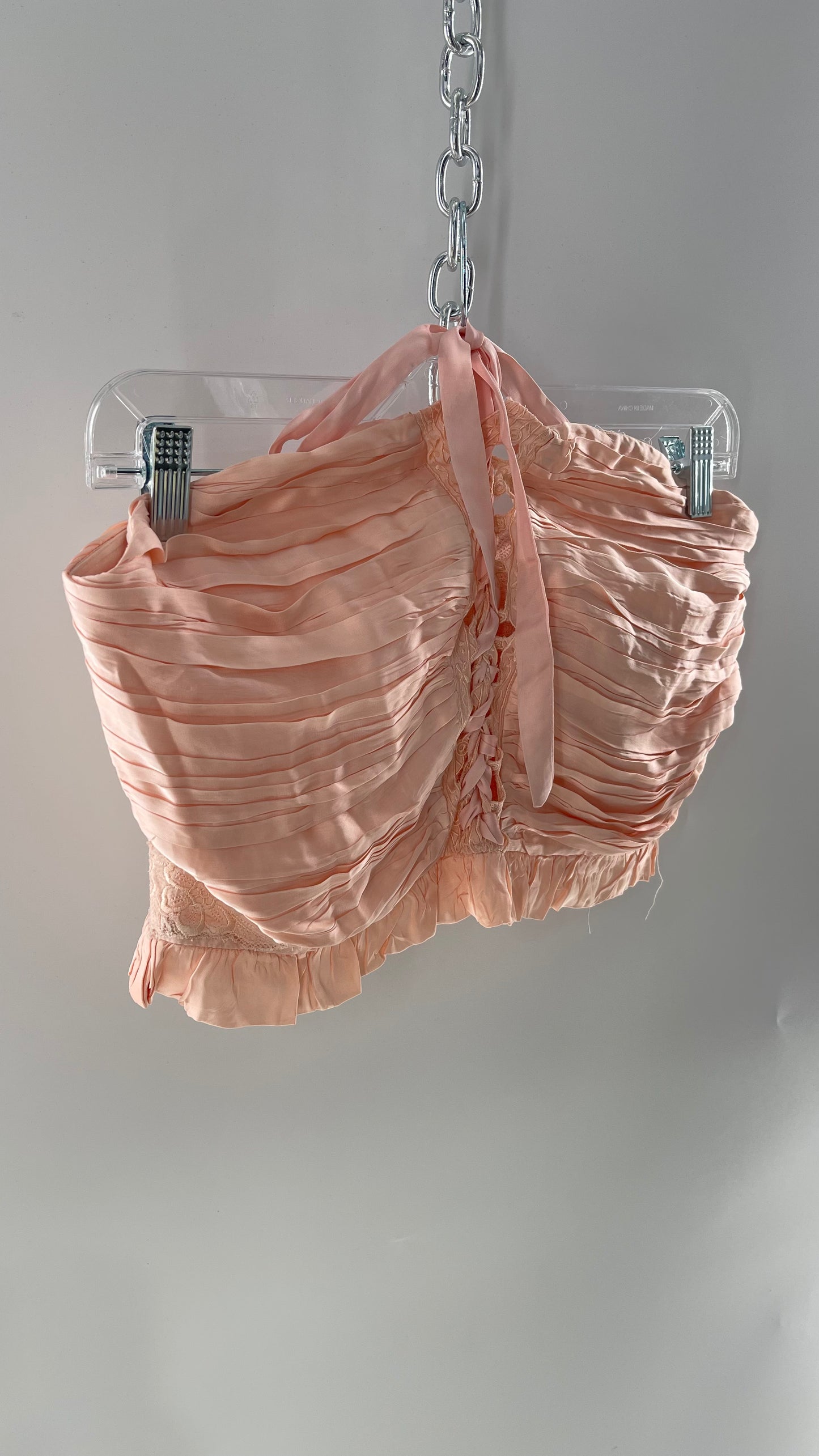 Free People Pink Viscose Pleated Tube Top with Ribbon Lace Up Bodice, Embroidered Flower Detail, and Ruffled Hem (Large)