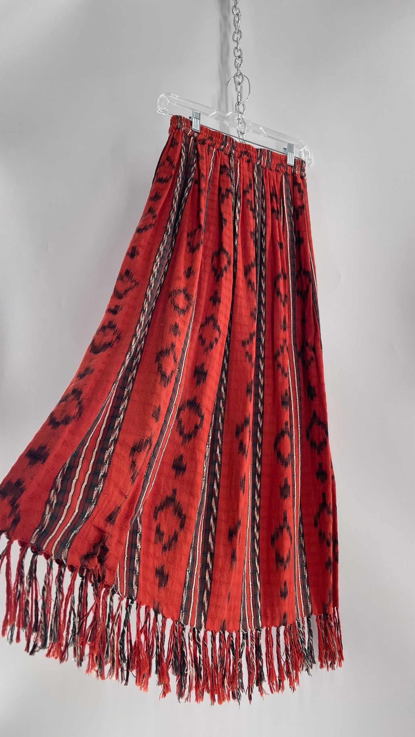 Vintage 100% Cotton Hand Woven Moon Weaver Burnt Orange Dessert Skirt  with Fringe (M/L)