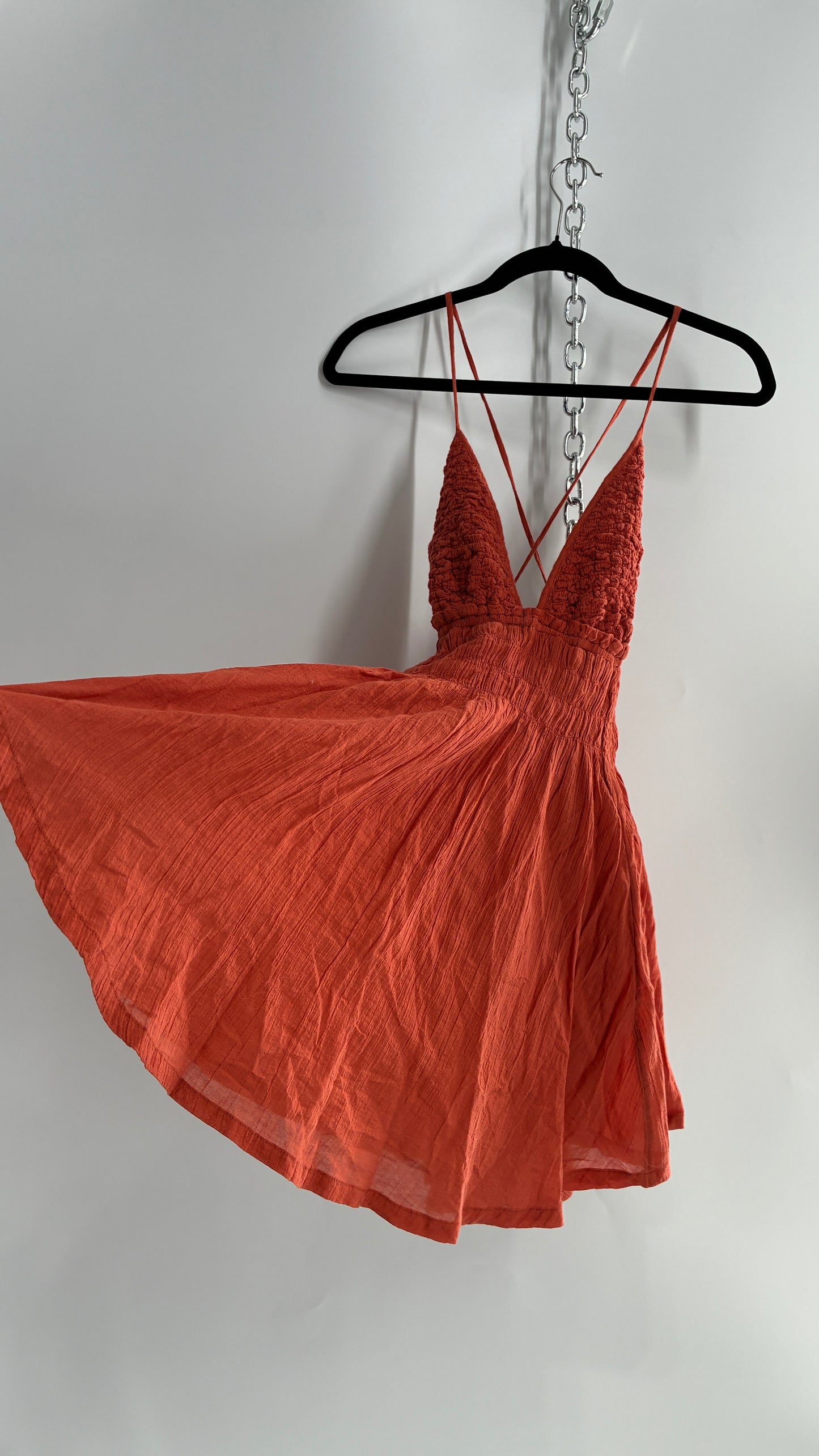 Free People Burnt Orange Smocked Bust Voluminous Mini Dress (Small)