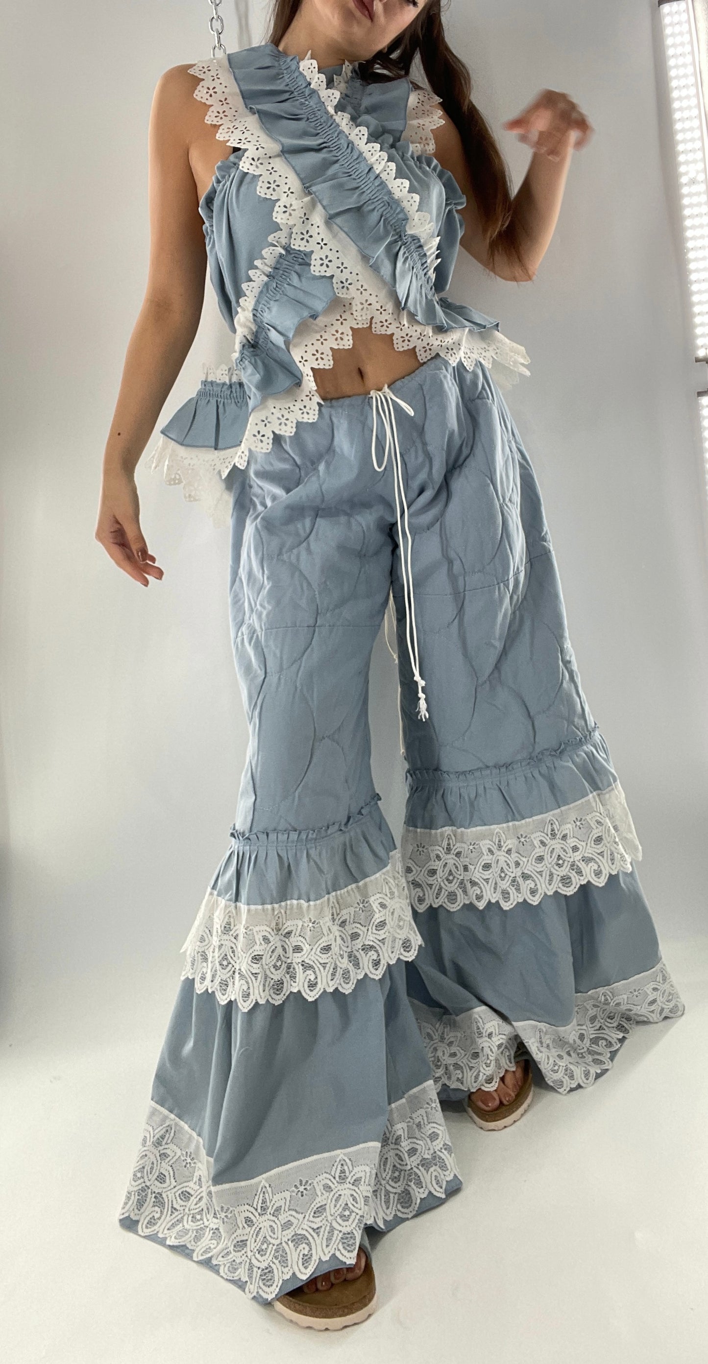 Vintage 2 Piece Powder Blue Set Featuring 2Way Blouse and Quilted Trousers Covered in Ruffles, Lace and Trim (One Size)
