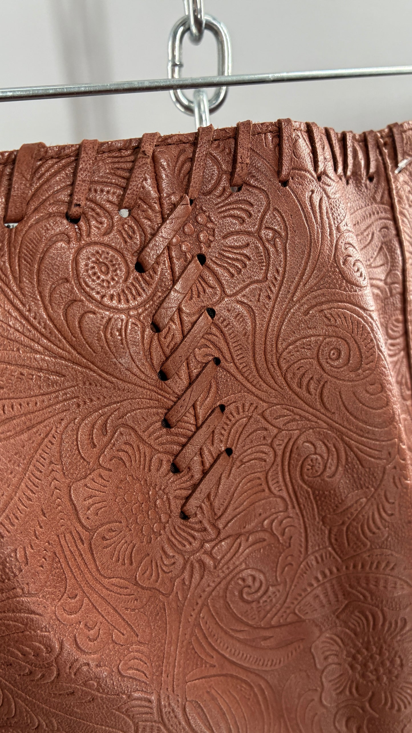 Vintage Embossed Paisley Patterned Genuine Leather Pants with Stitching Details (No Label Unbranded, S)
