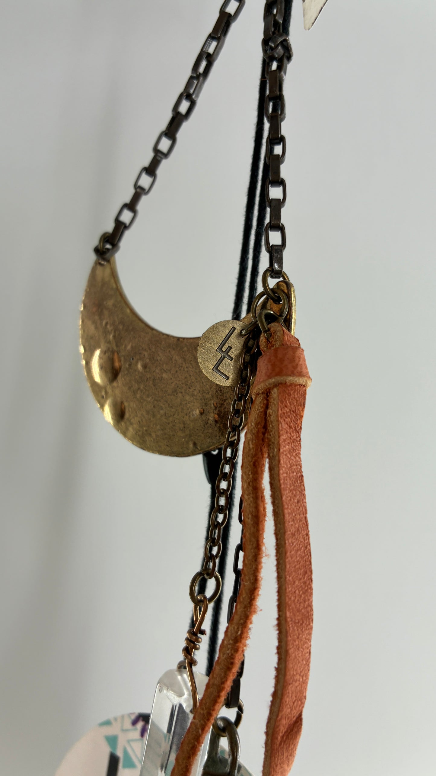Free People Love and Leather Brass Half Moon, Crystal Dagger Keychain