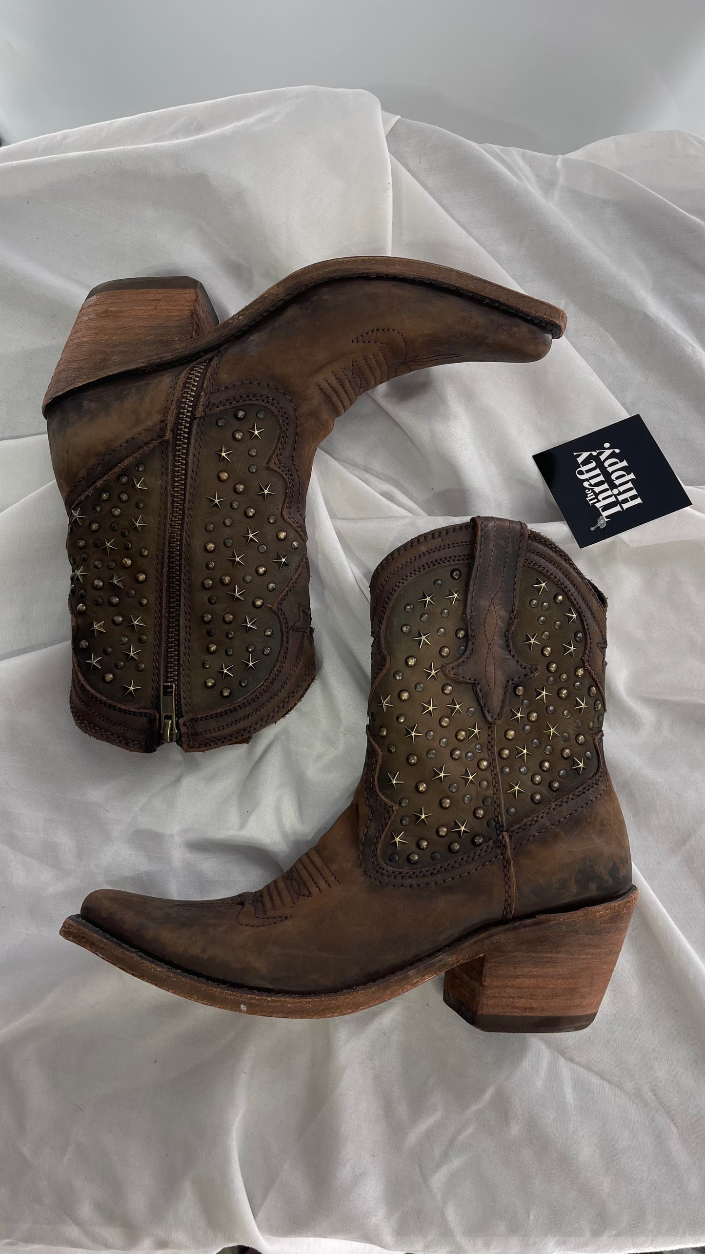 LIBERTY BLACK Handmade in Mexico Leather Cowboy Boots with Star Studs (7.5)