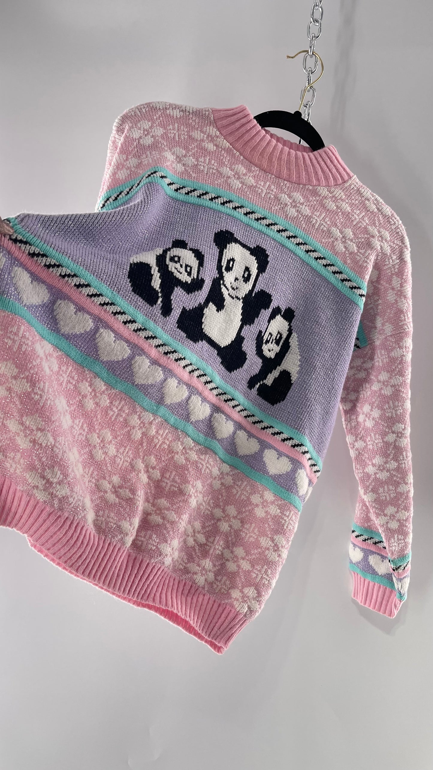 RARE 80s Vintage Adele Pastel Pink, Purple, Mint Silver Tinsel Sweater with Anime/Manga Art Style Pandas (Medium)
