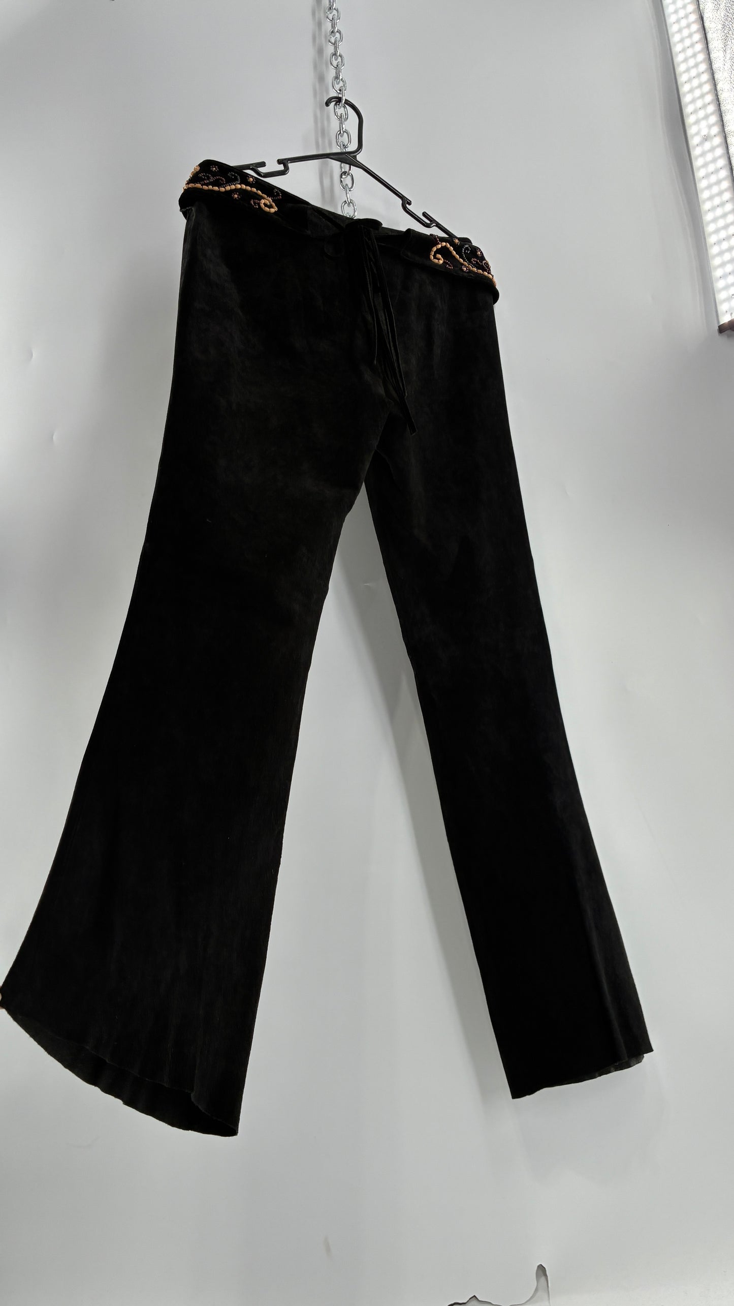 Vintage Margaret Godfrey Black Genuine Suede Leather Kick Flares with Wide Beaded Belt (10)