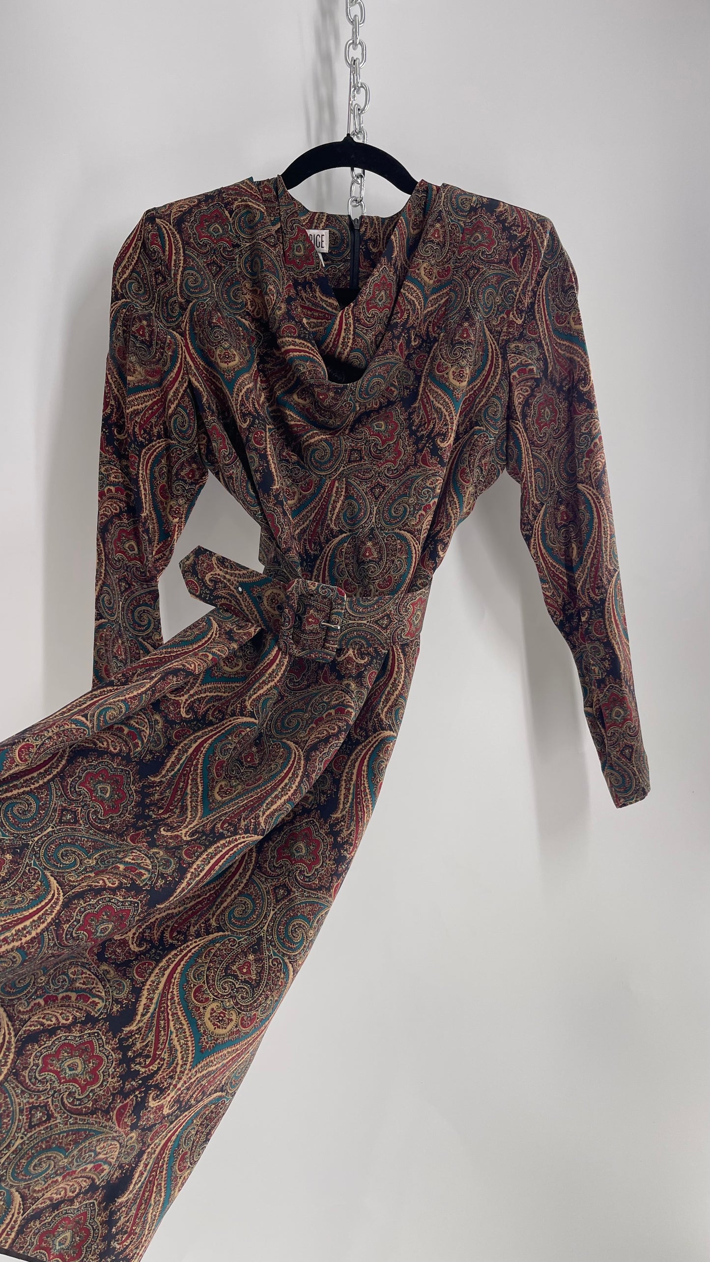 Vintage 100% Silk Paisley Belted Dress with Cowl Neckline (8)
