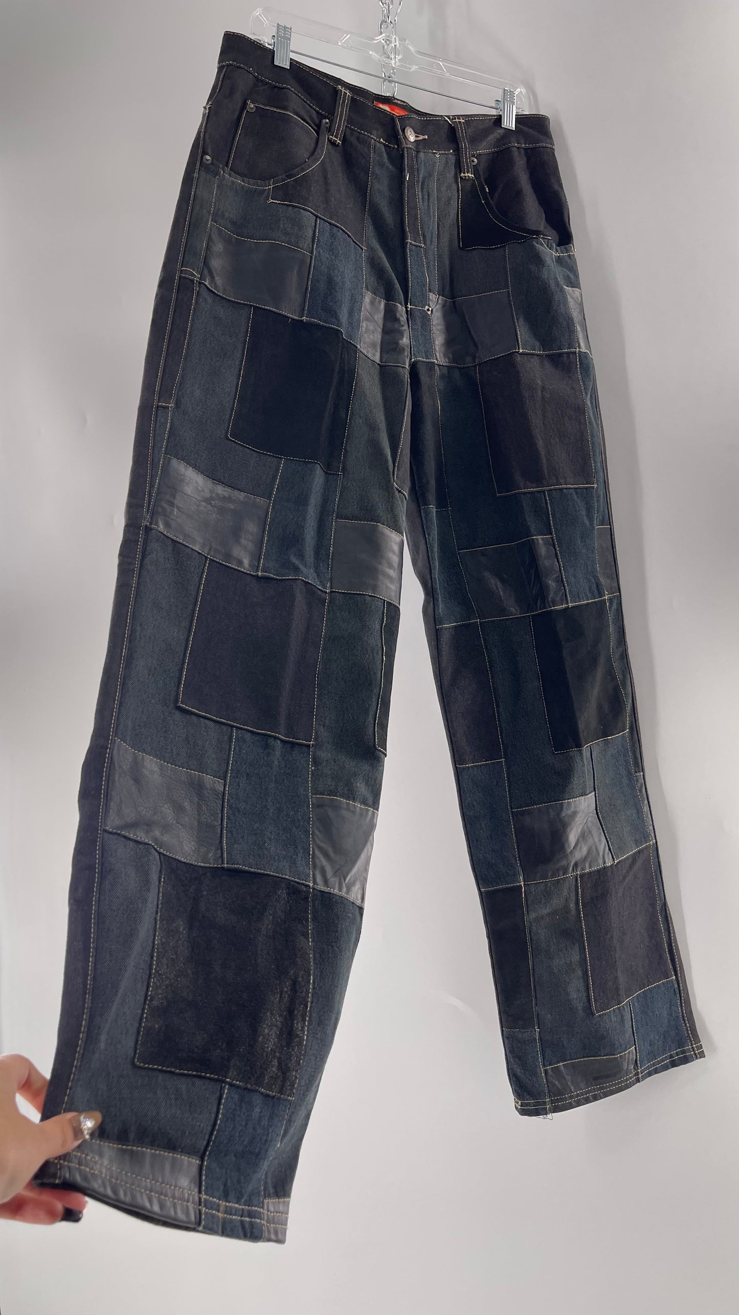 Vintage Original Davoucci Dark Wash Denim with Suede Leather Checker Patchwork Front (34x33)