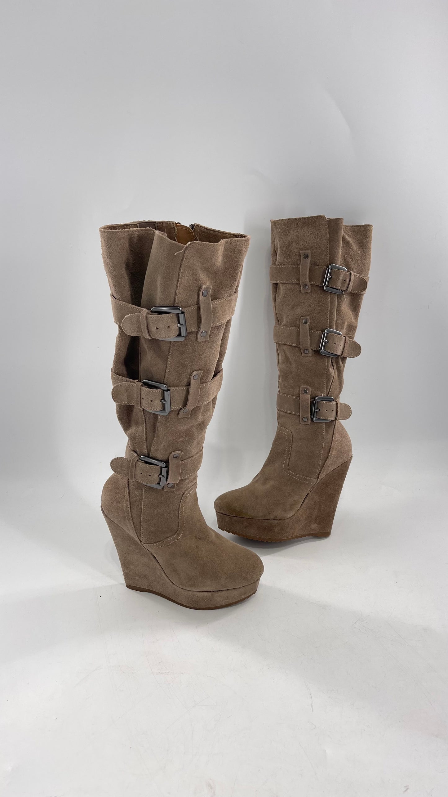 Vintage Bakers Genuine Suede Leather Gray/Tan Wedge Platform Knee High Boots with Gun Metal Buckles (6)