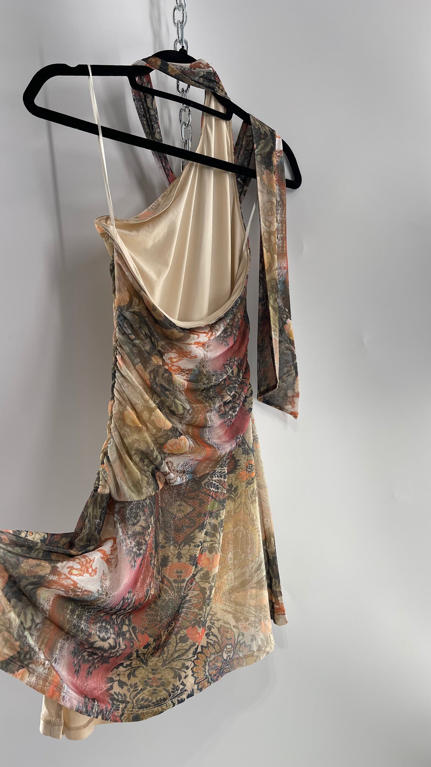 Urban Outfitters All Over 90s Tattoo Graphic Neck Tie Mini Dress with Asymmetric Hem (Medium)