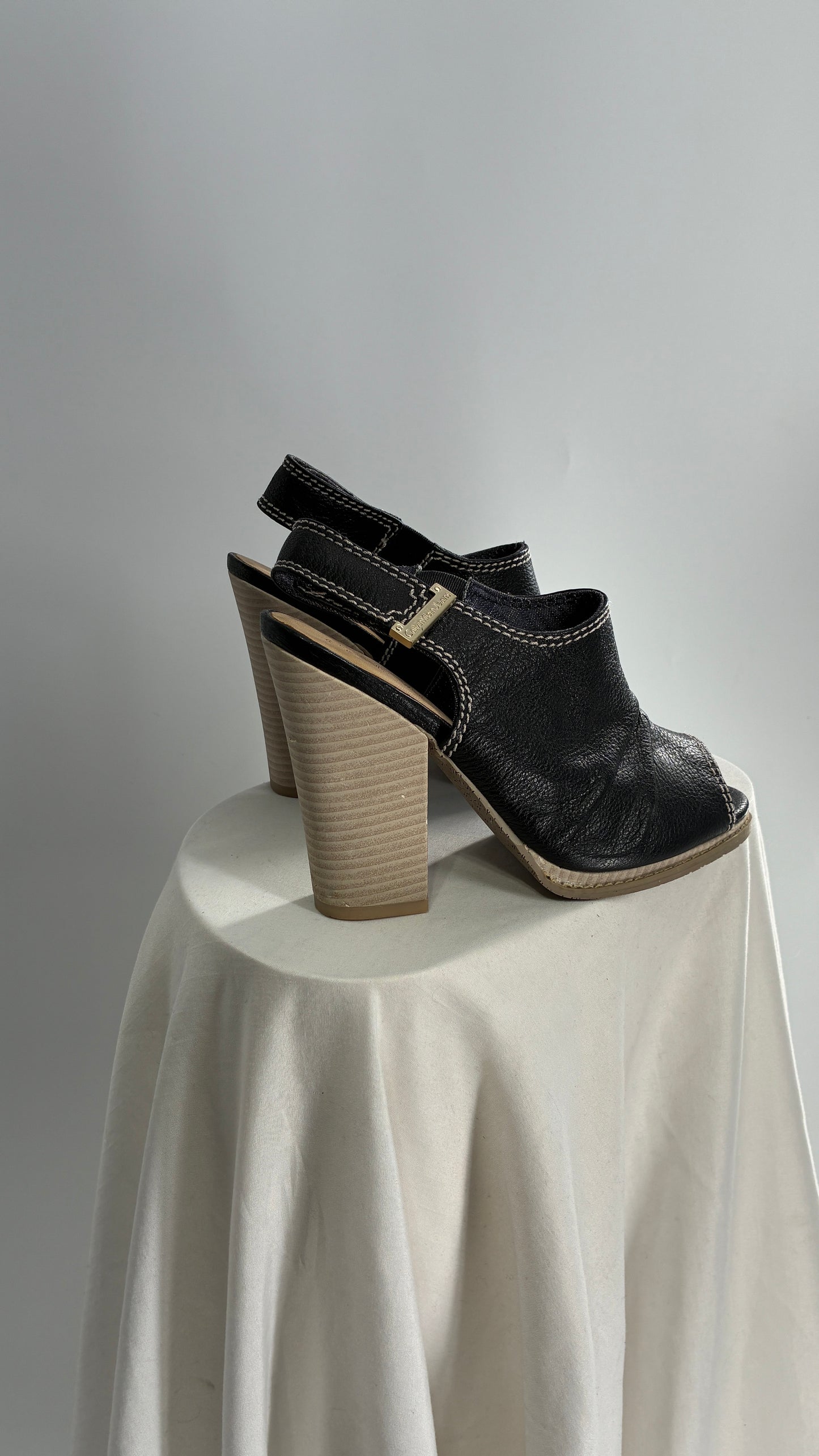 Calvin Klein Peep Toe, Ruched Black Leather Block Heel Slingbacks (7.5)