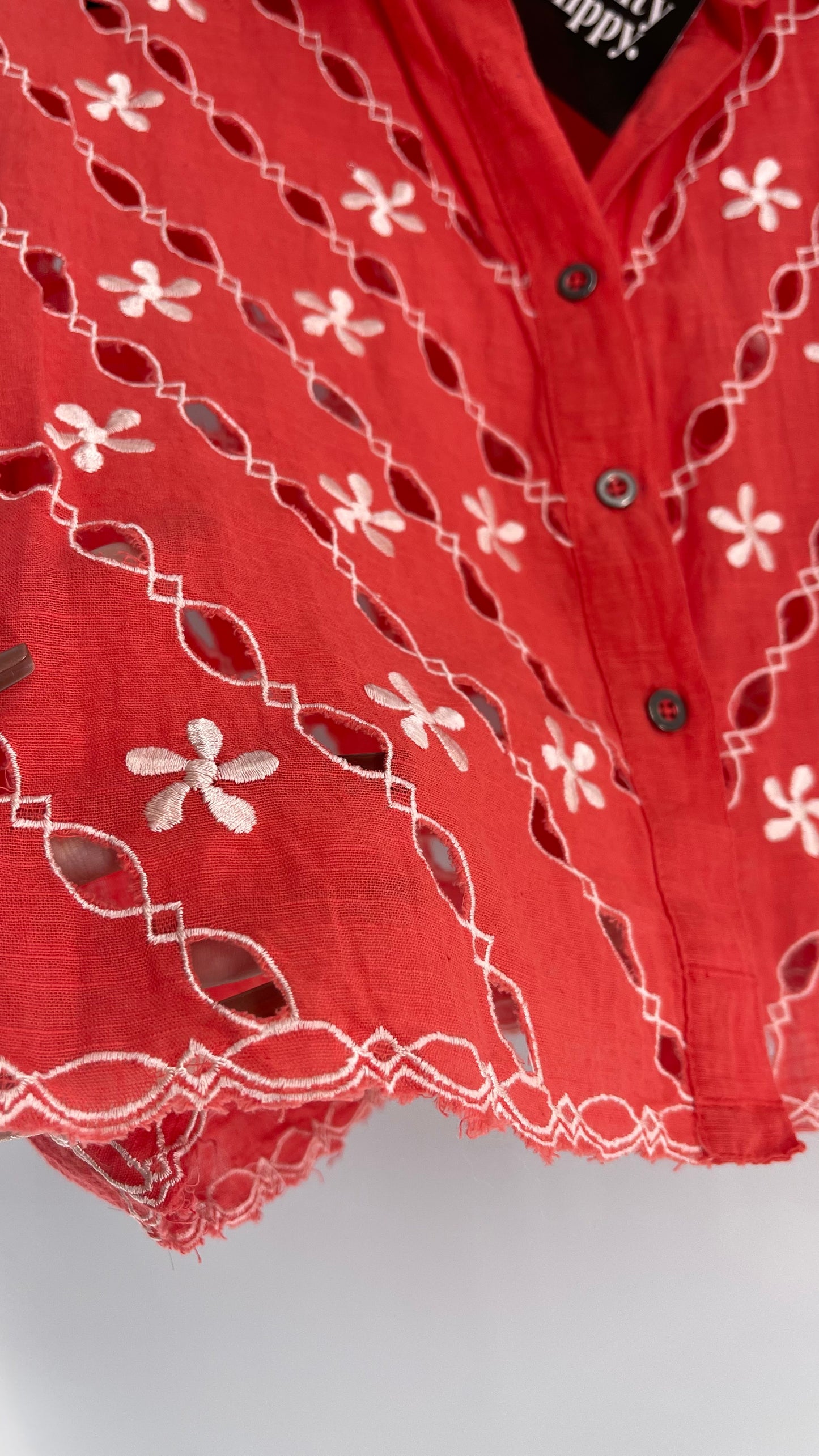 Free People Coral Top with White Eyelet Lace Embroidery (XS)
