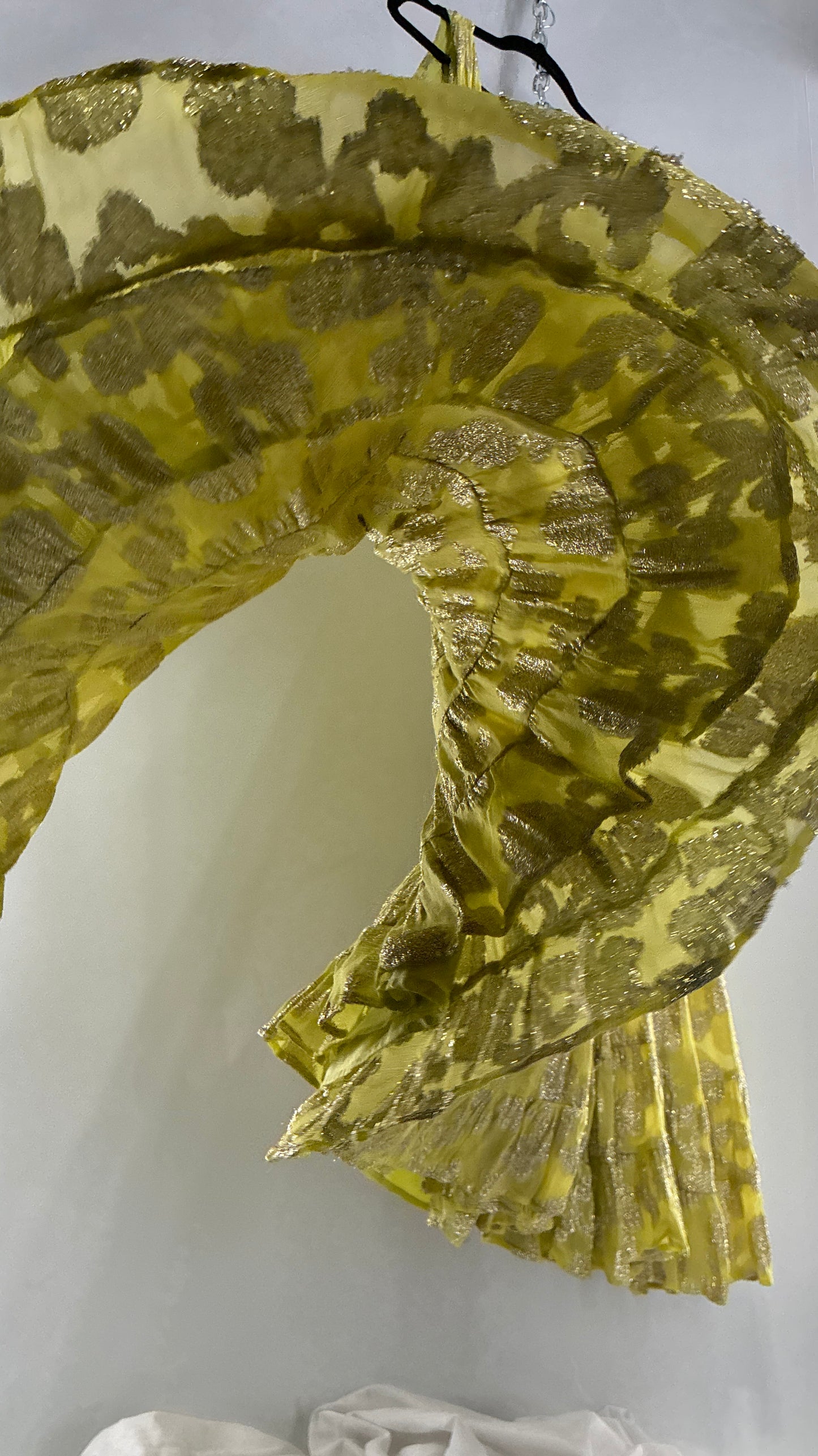 LET ME BE Lime Yellow/Green Ultra Voluminous Tiered Dress with Gold Metallic Jacquard Appliqué Pattern (XL)