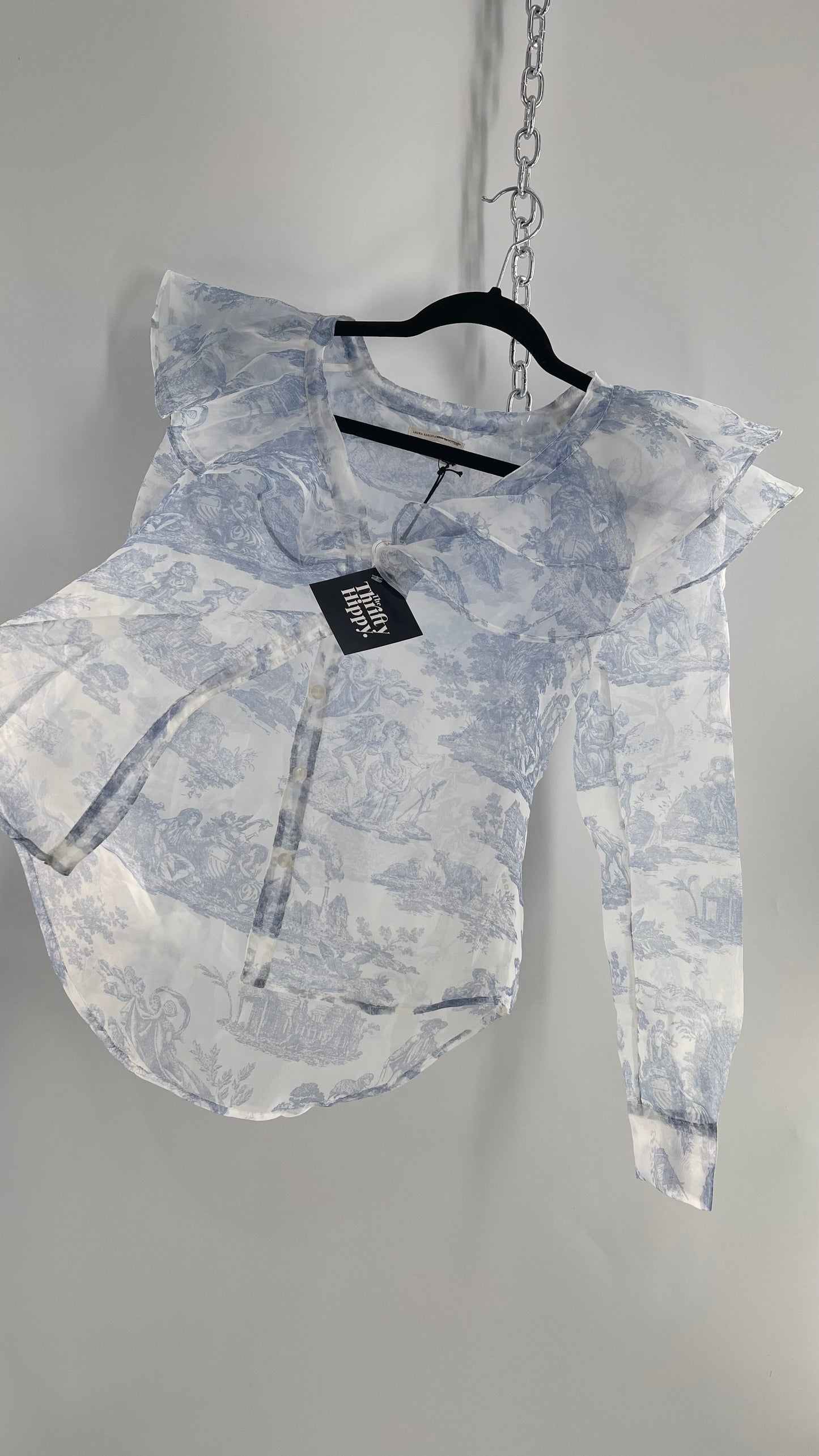 Laura Ashley Urban Outfitters Voile Sheer Ruffled Shoulder Button Up with Blue Vintage Print (XS)