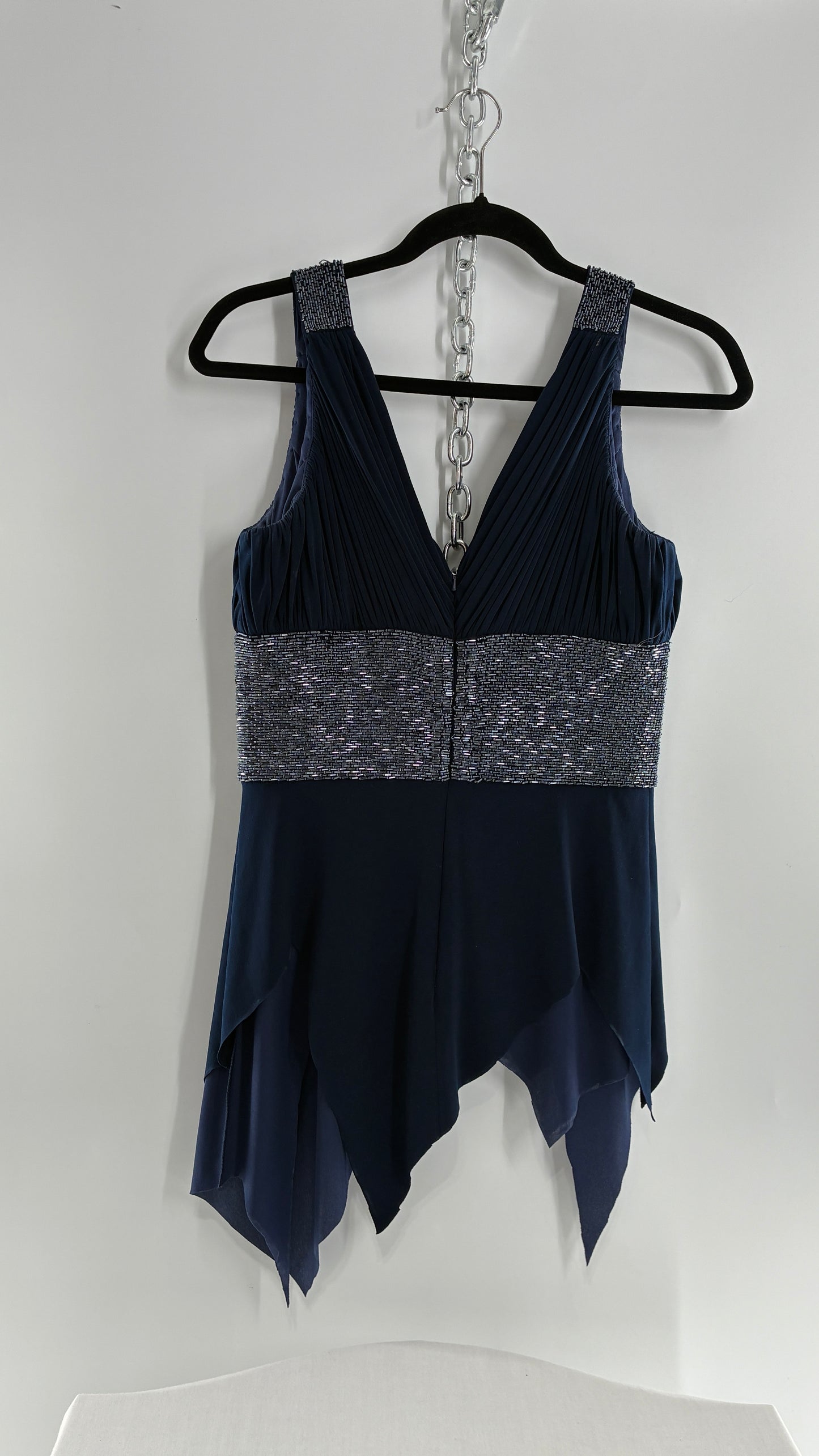 Vintage JS Boutique 1990s Navy Blue Chopped Handkerchief Hem, Beaded Underbust Panel and Pleated Bust (6)