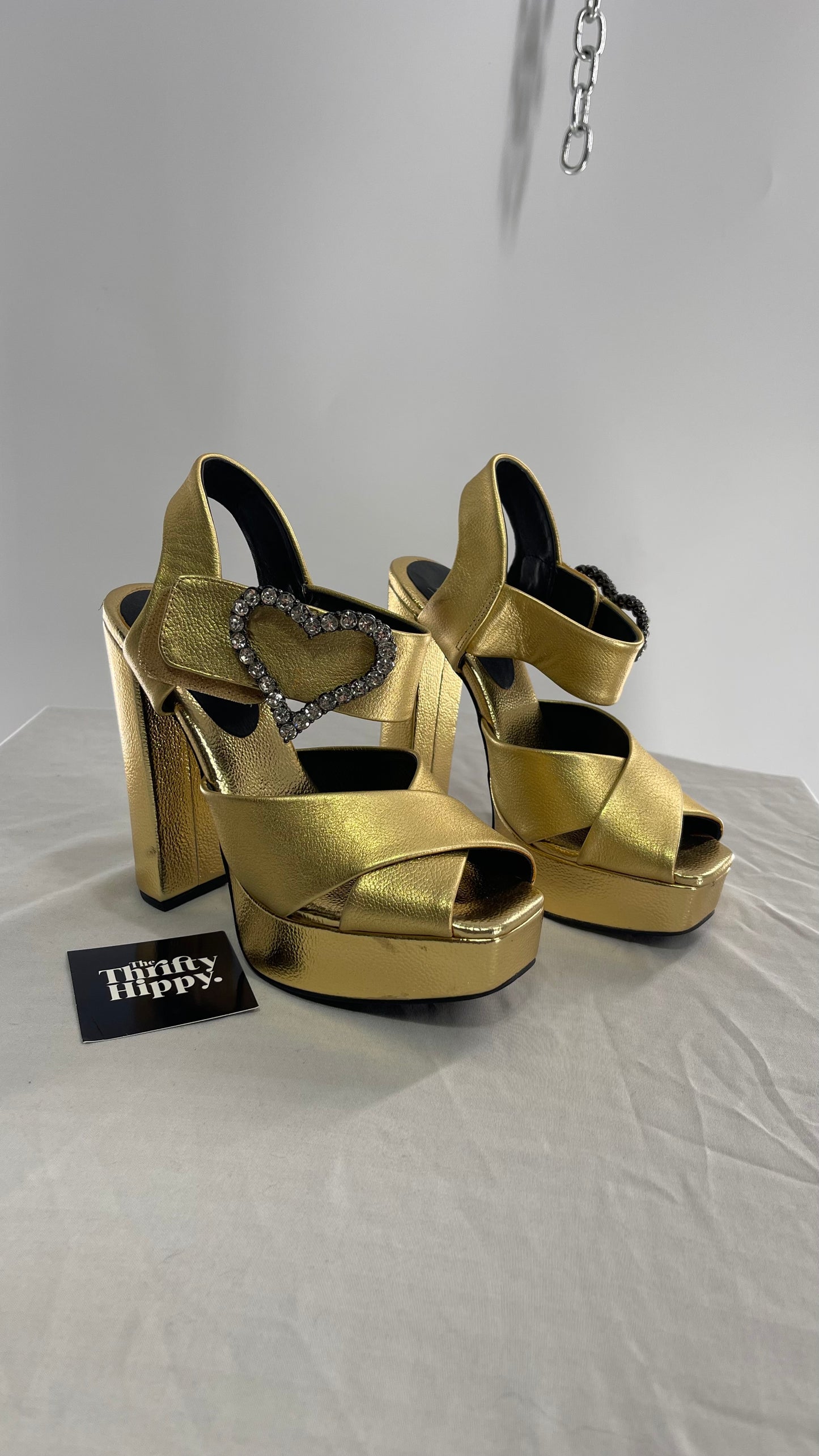Jeffrey Campbell Metallic Gold Chunky Gold Platform Heel with Rhinestone Heart Buckles (6.5)