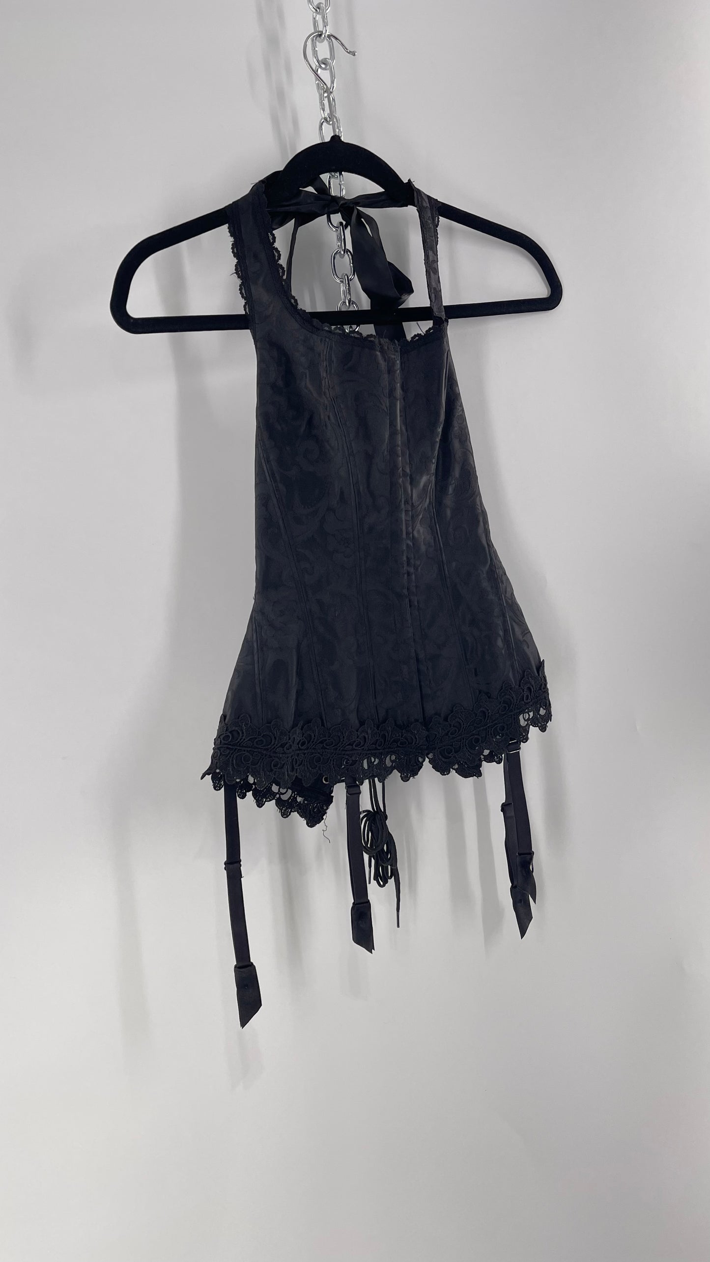 Vintage Fredericks of Hollywood Black Satin Brocade Lace Corset with Lace Tie Halter (32)