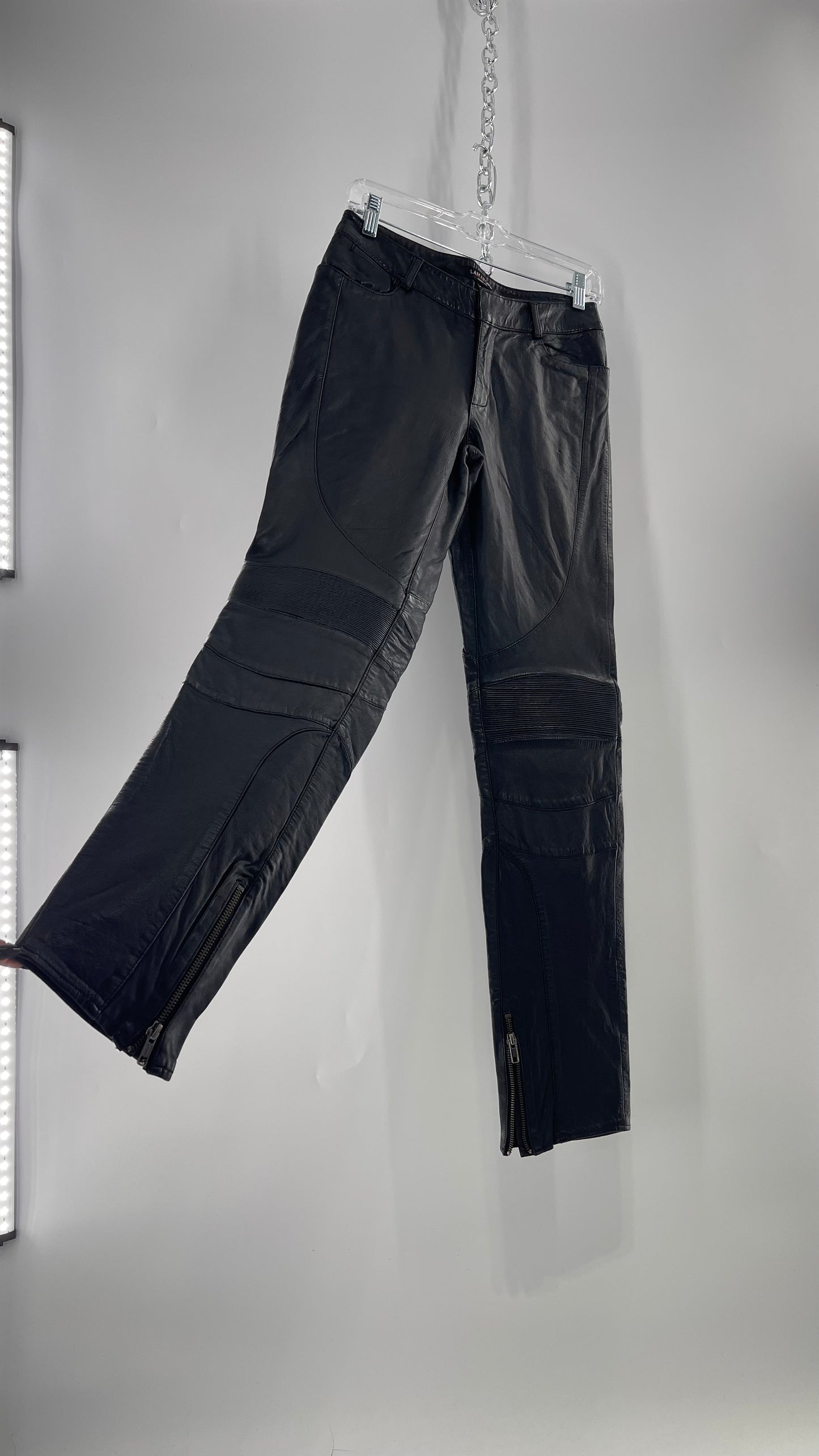 LAMARQUE 1990s Collection Vintage Black Leather Moto Style Pant with Panels, Ribbing and Zipper Details (6)