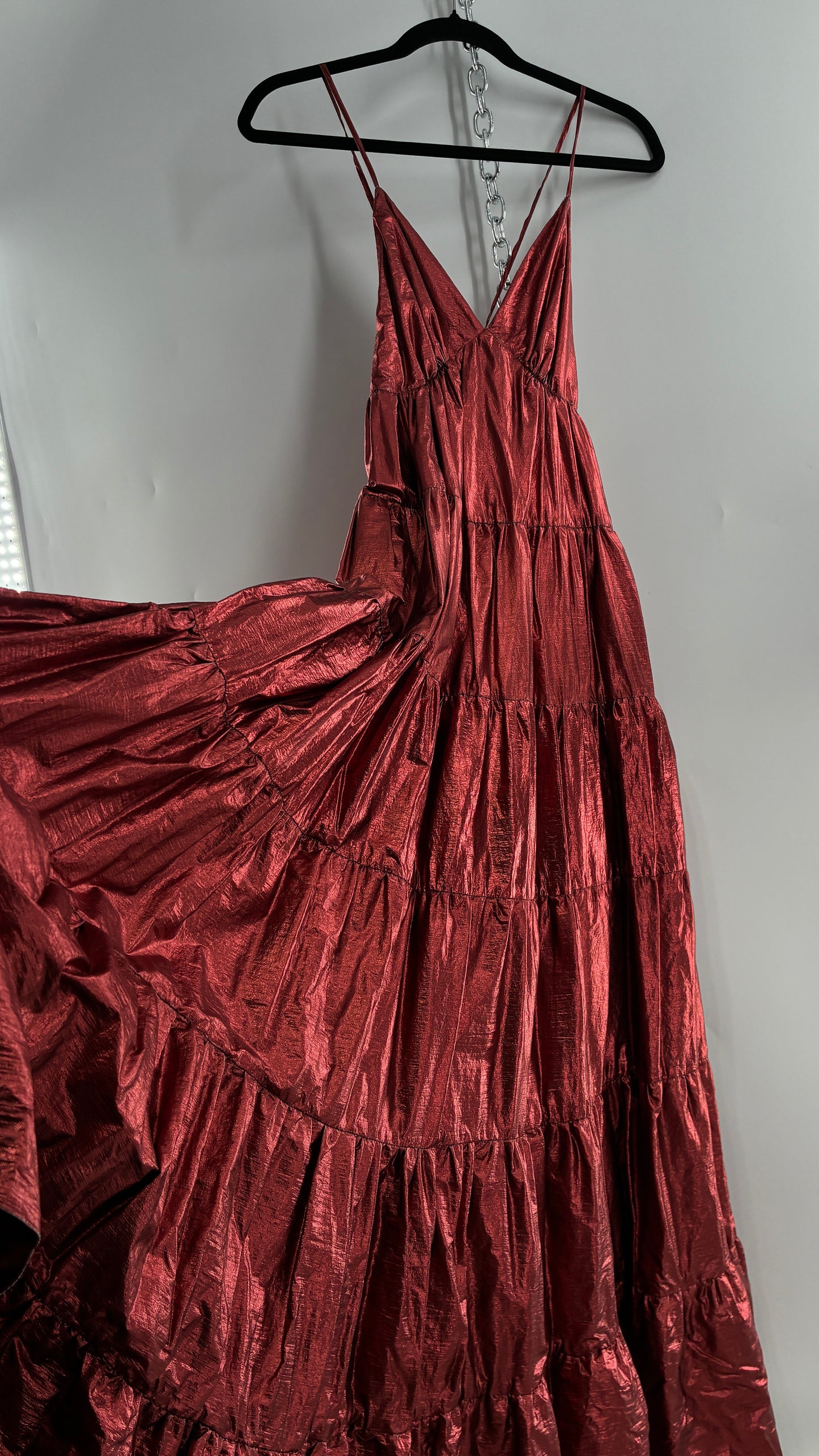 HUTCH Red Metallic Tiered Voluminous Maxi Gown (XS)