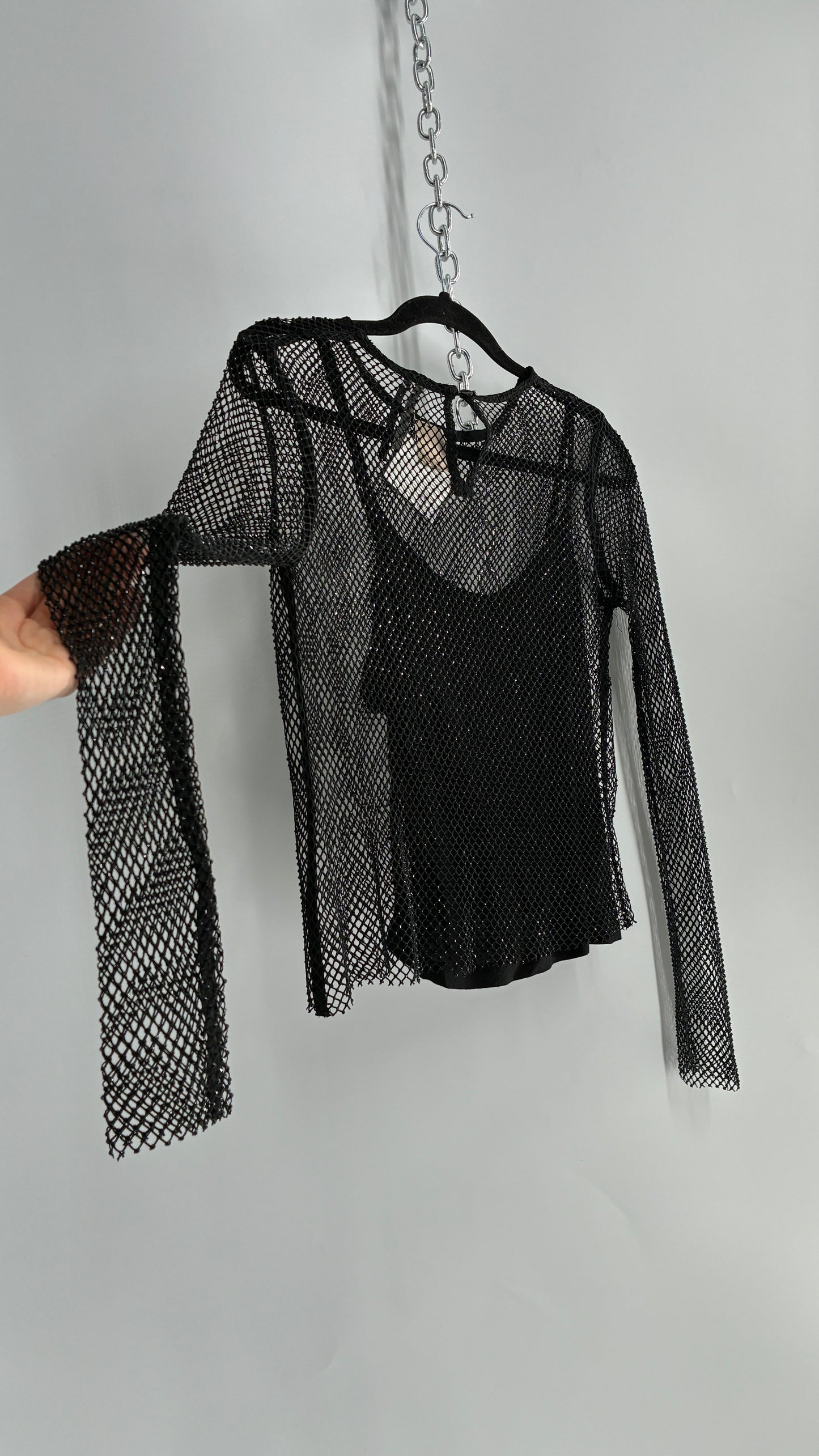 Anthropologie Black Rhinestone Heavy Mesh Long Sleeve with Camisole (Small)