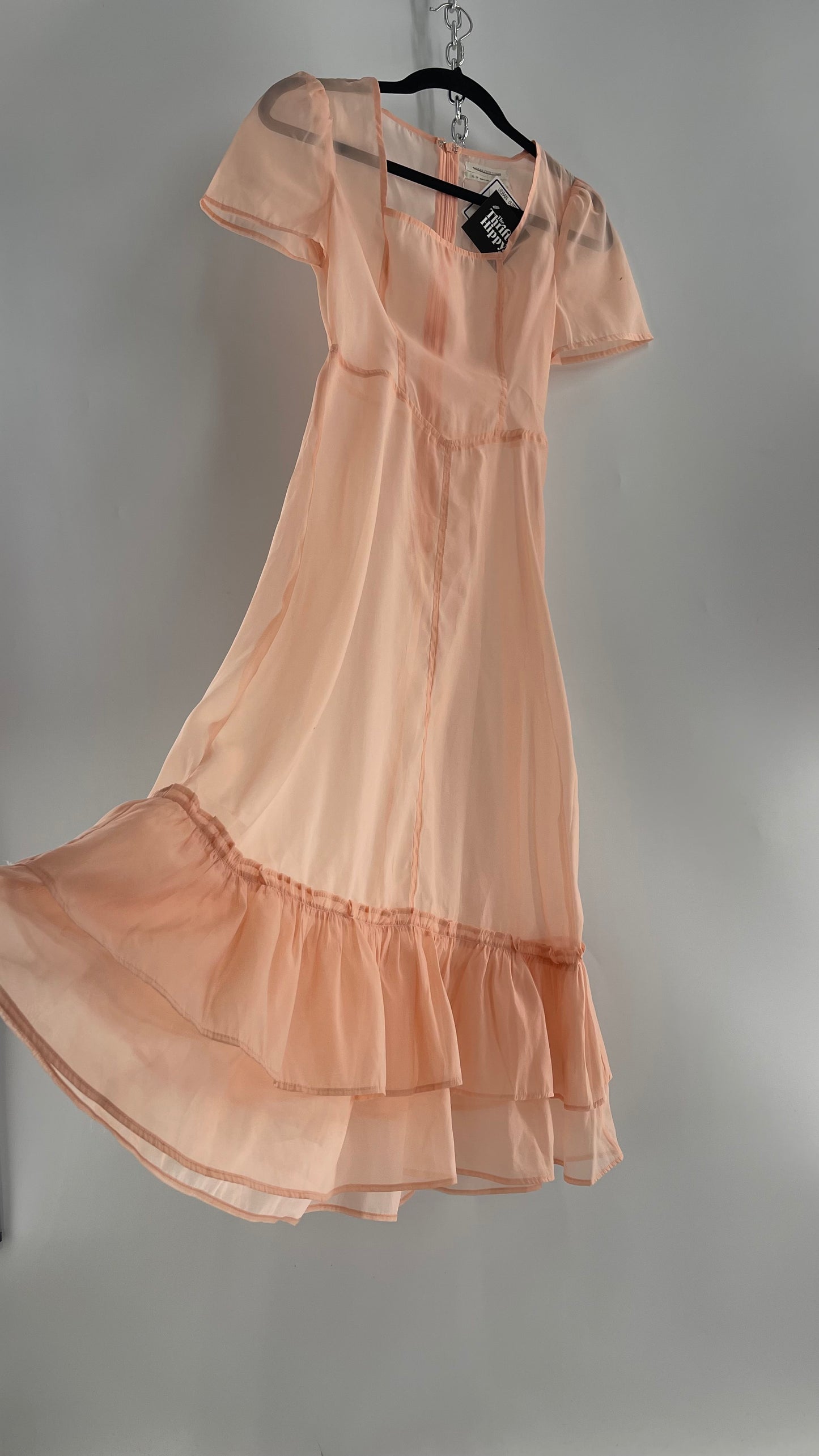 Urban Outfitters Pink/Peach Voile Vintage Inspired MIDI Dress with Ruffled Hem (XS)