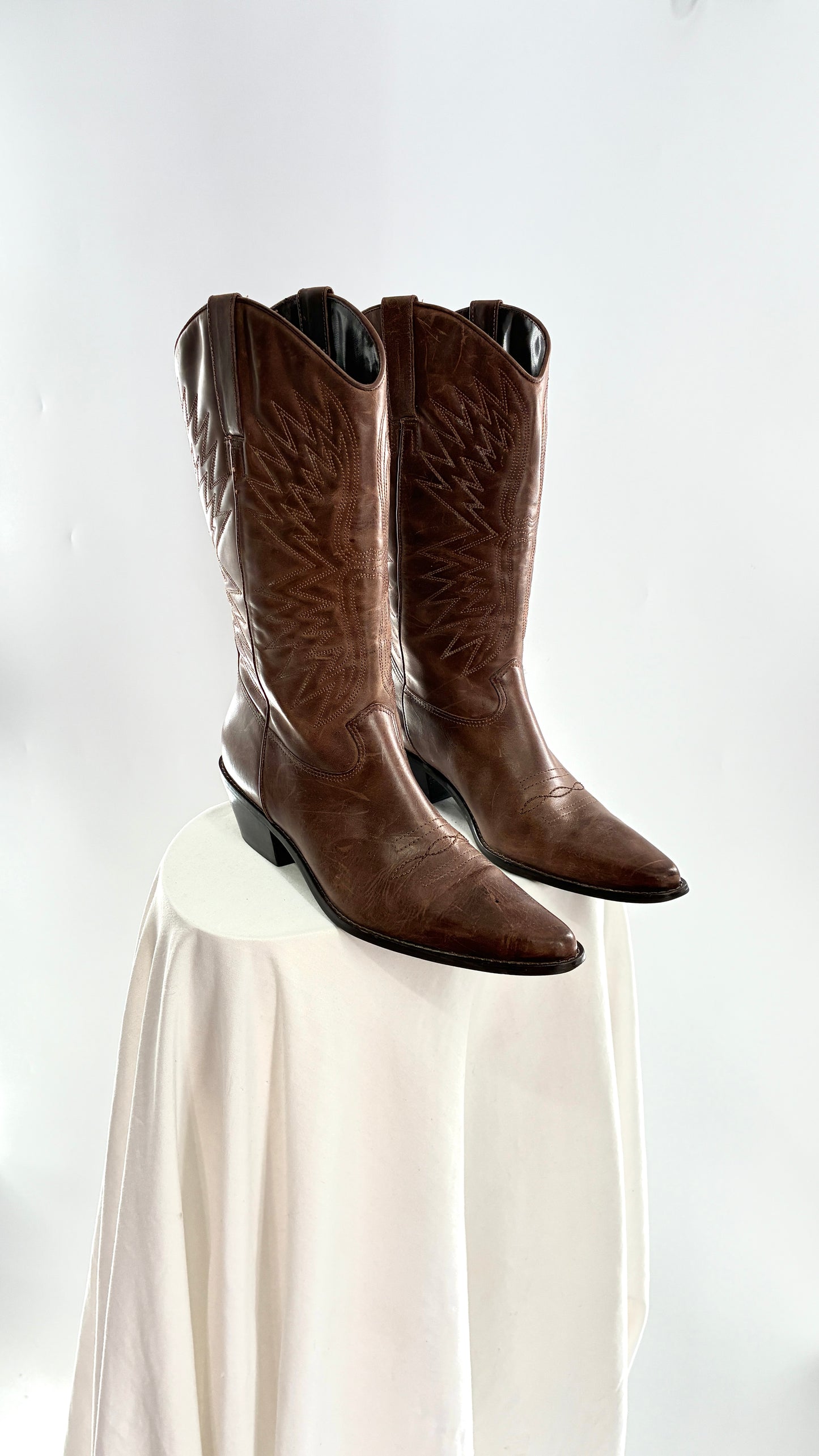 Vintage Genuine Leather Brown Cowboy Boots Made in Brazil (9.5)