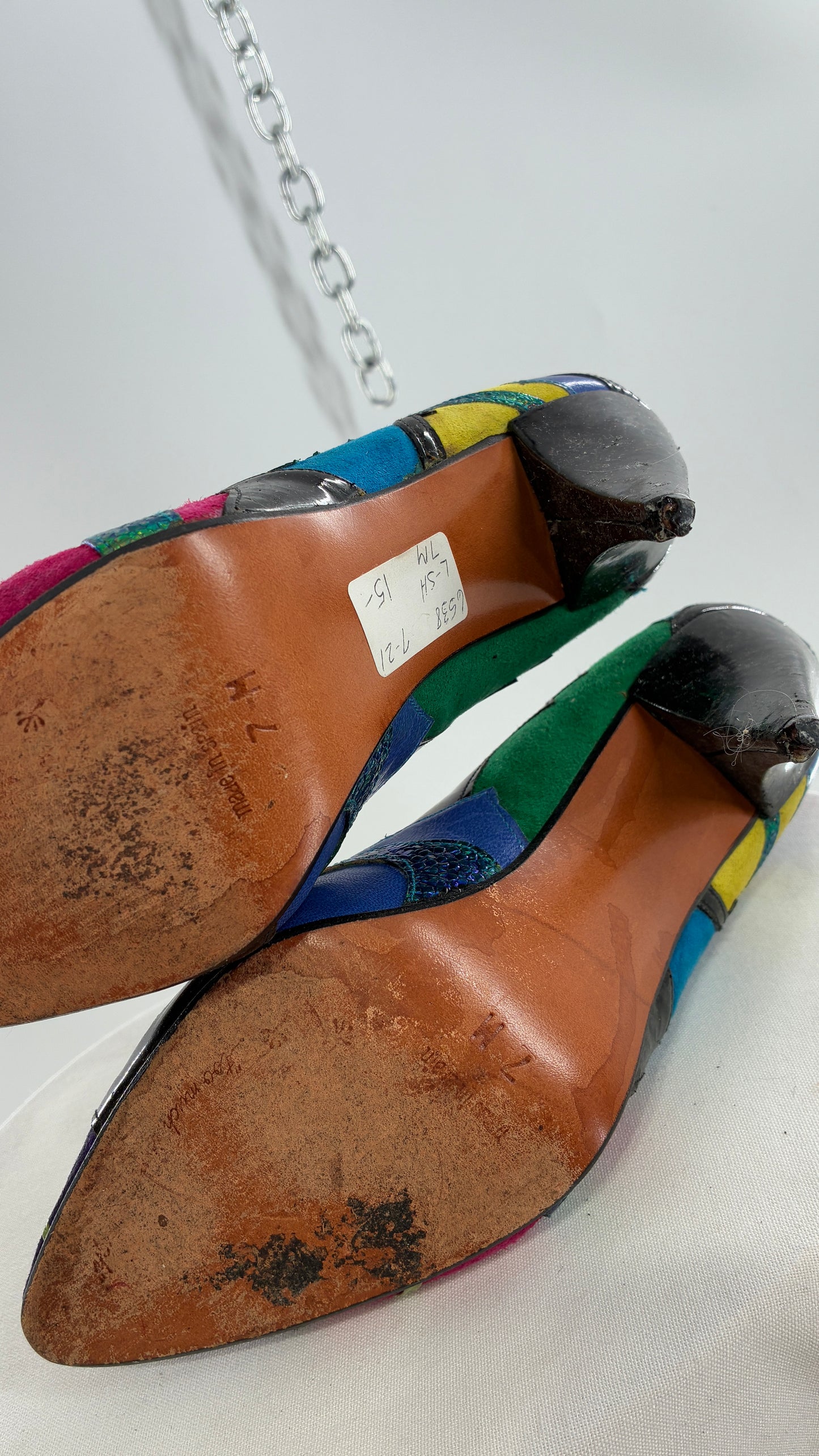 Vintage Beverly Feldman 1980s Retro, Abstract, Color Block and Iridescent Curved Heels (7)