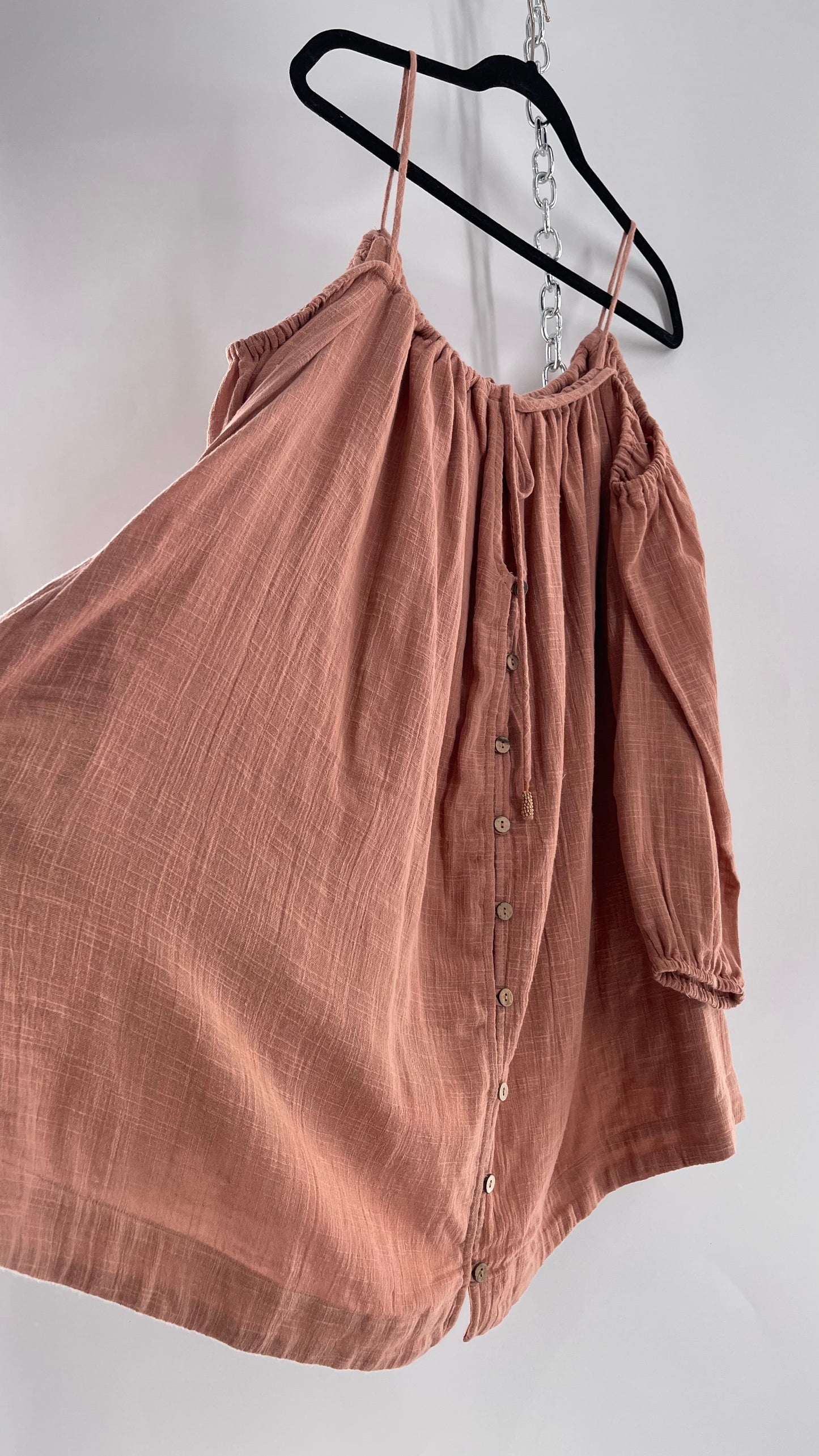 Free People Cotton Blush Pink Button Front Cold Shoulder Dress (Medium)