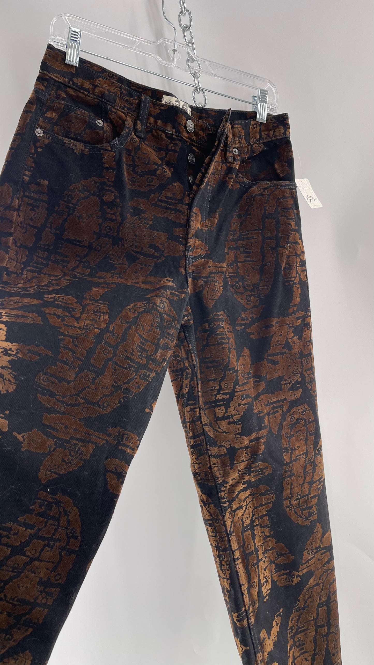 Free People Black/Brown Velvet Texture Graphic Straight Legs with Raw Edge Hem and Tags Attached (28)