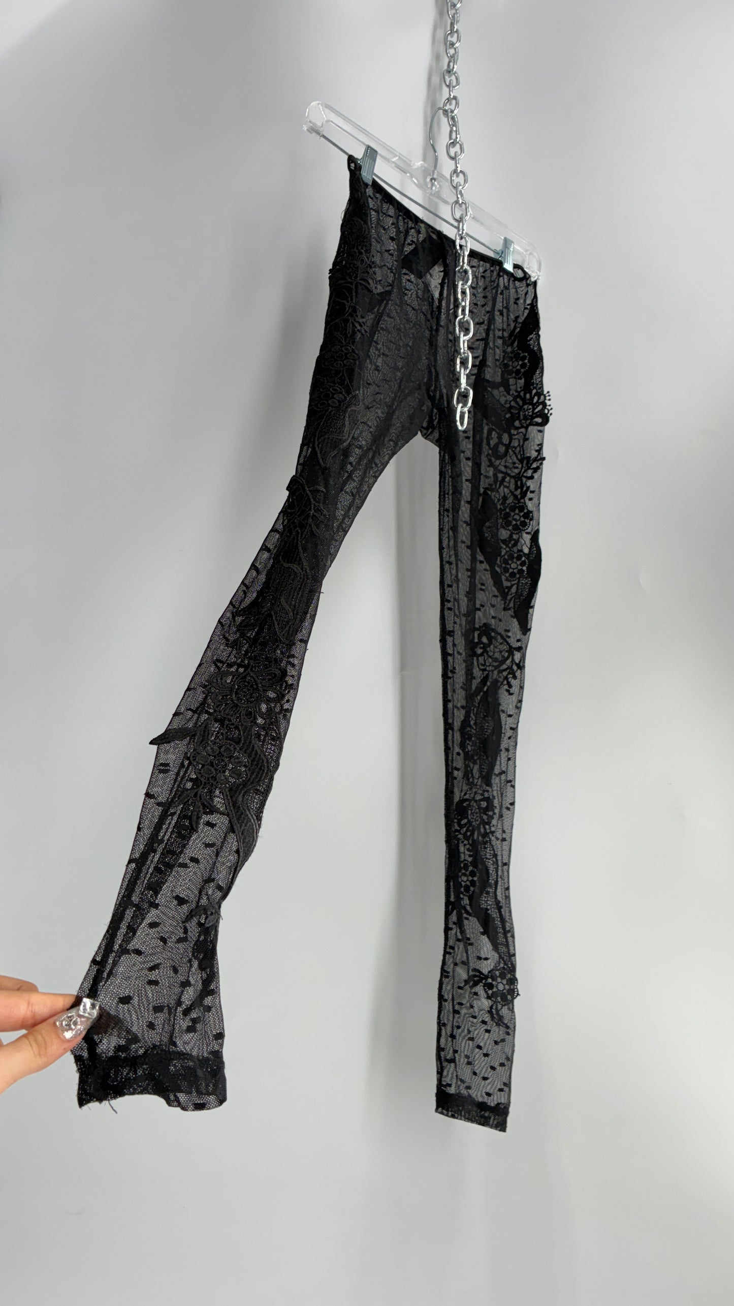 Staring at Stars Black Sheer Footless Tights with Lace Appliqué Design on Both Legs (XS)