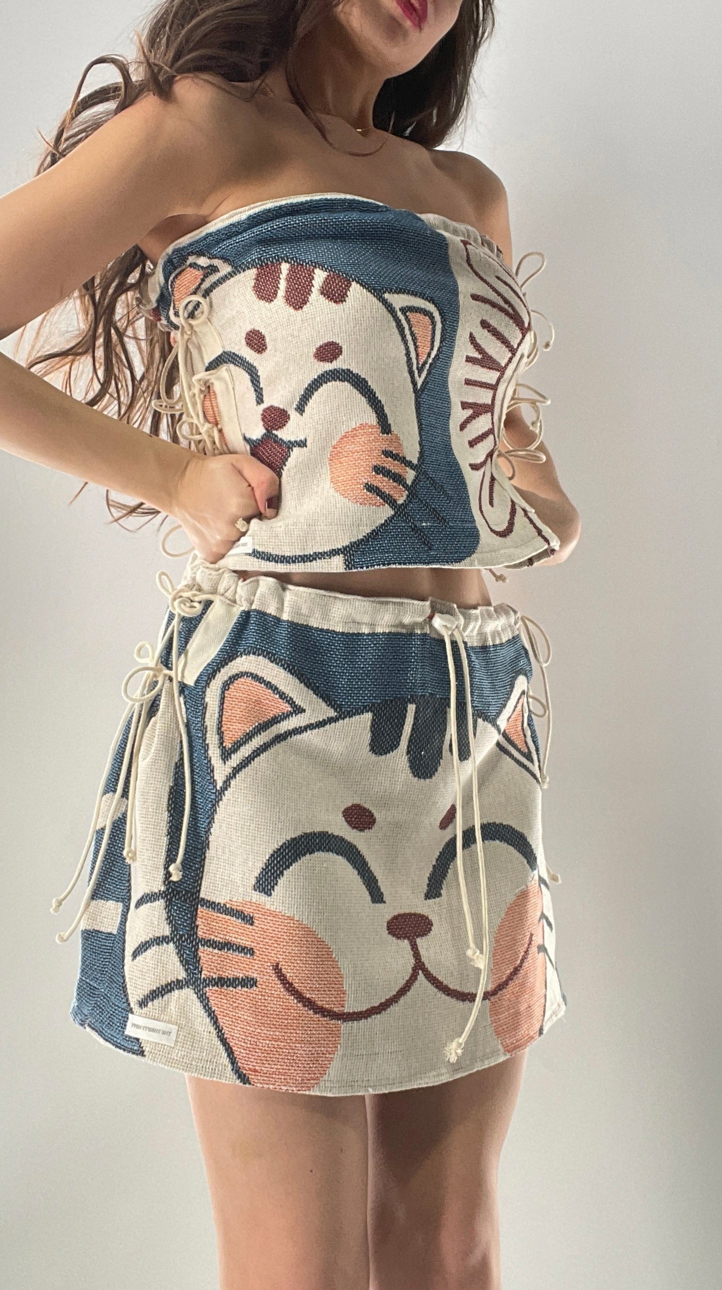 Vintage Tapestry Kitty 2pc Set with Adjustable Corseted Top and Adjustable Corseted Micro Skirt (S-L)
