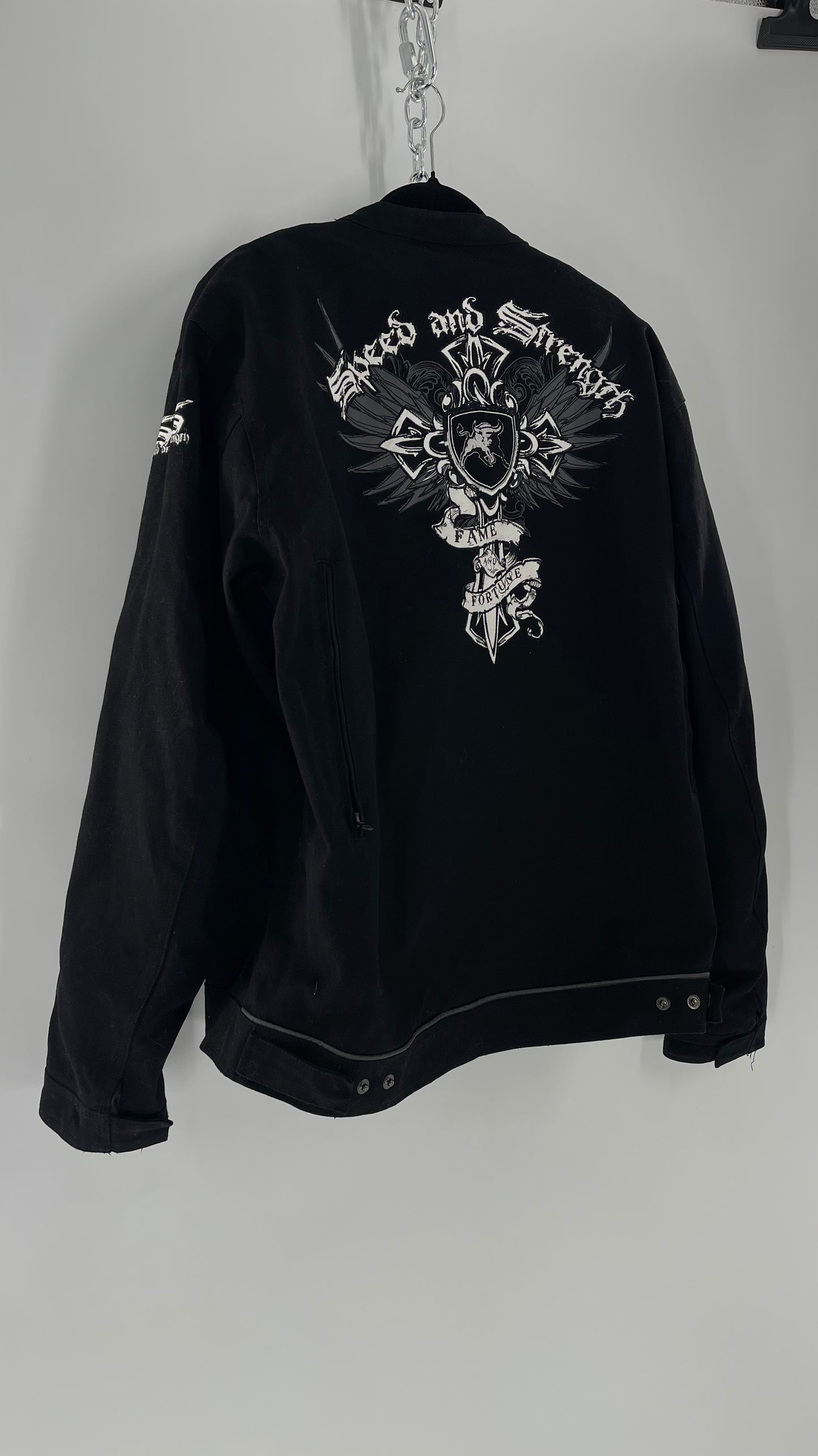 Vintage Speed + Strength Grunge Punk Riding Motorcycle Jacket with Cross Embroidery, Wings, Fame + Fortune, Speed + Strength Men’s Unisex (XXL)