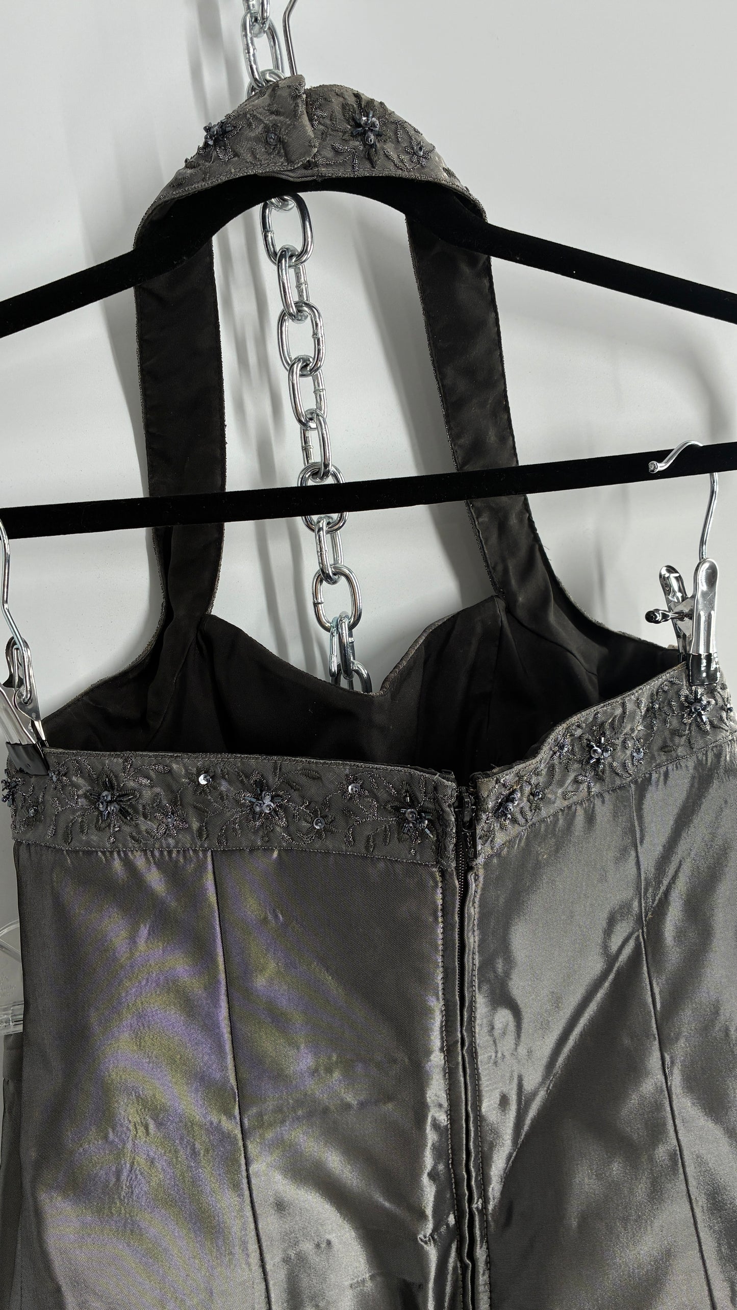 Vintage 1990s Davids Bridal SET Metallic Silver Corseted + Beaded Halter and Full Length Skirt (6Top, 8Skirt)