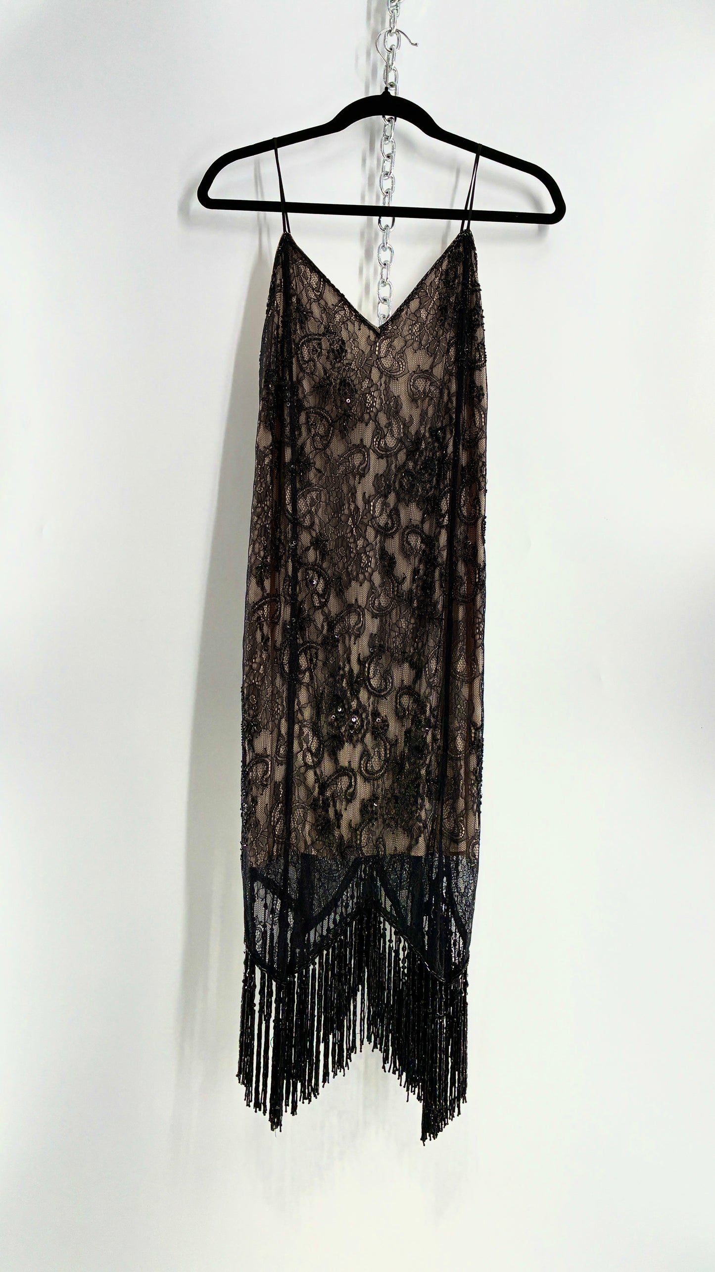 Vintage Haute Hippie Black Lace Nude Underlay Dress with Pointed Heavily Beaded Fringe Hem (2)