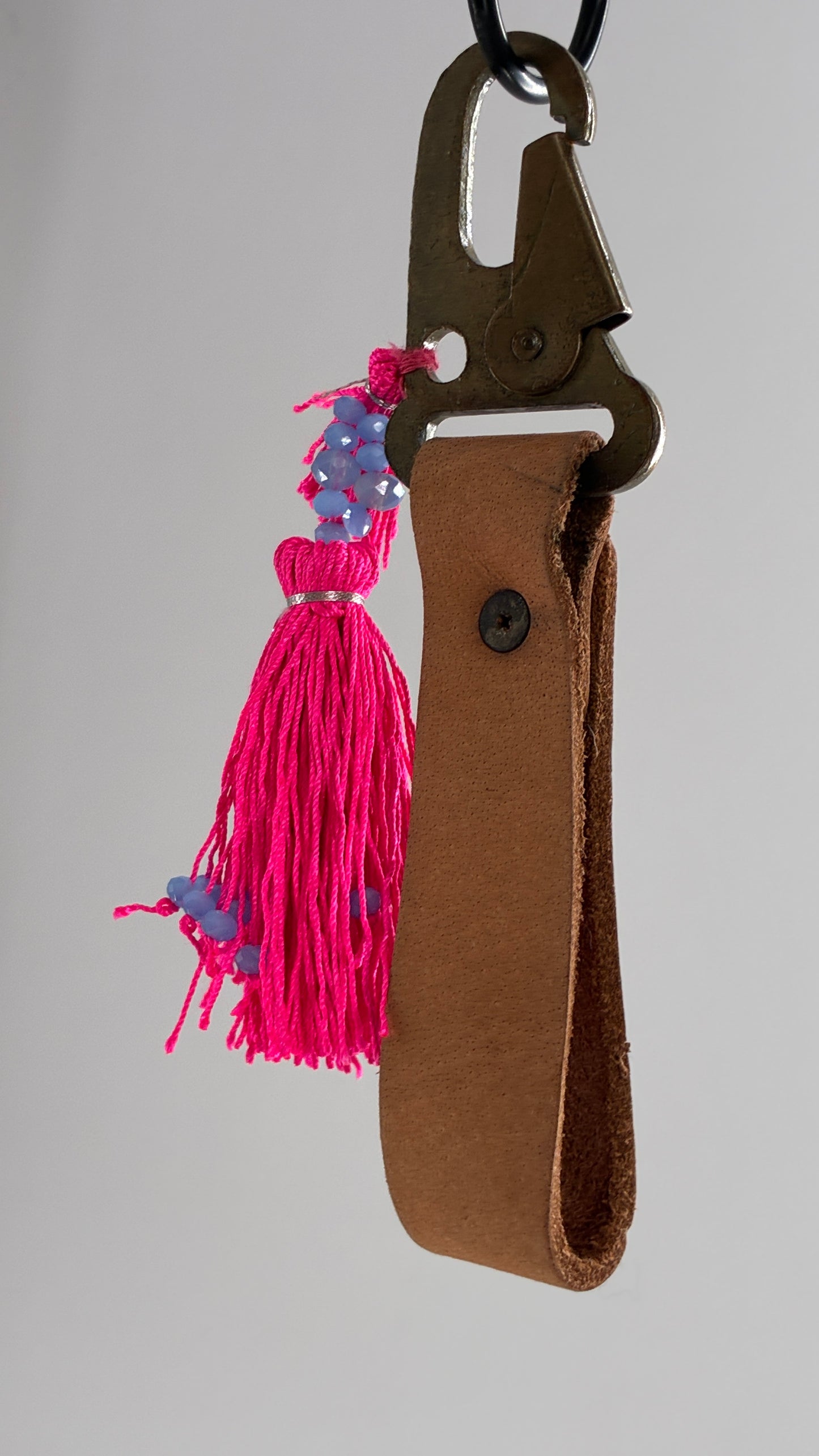 Free People Leather Wristlet Keychain with Neon Pink Beaded Tassel