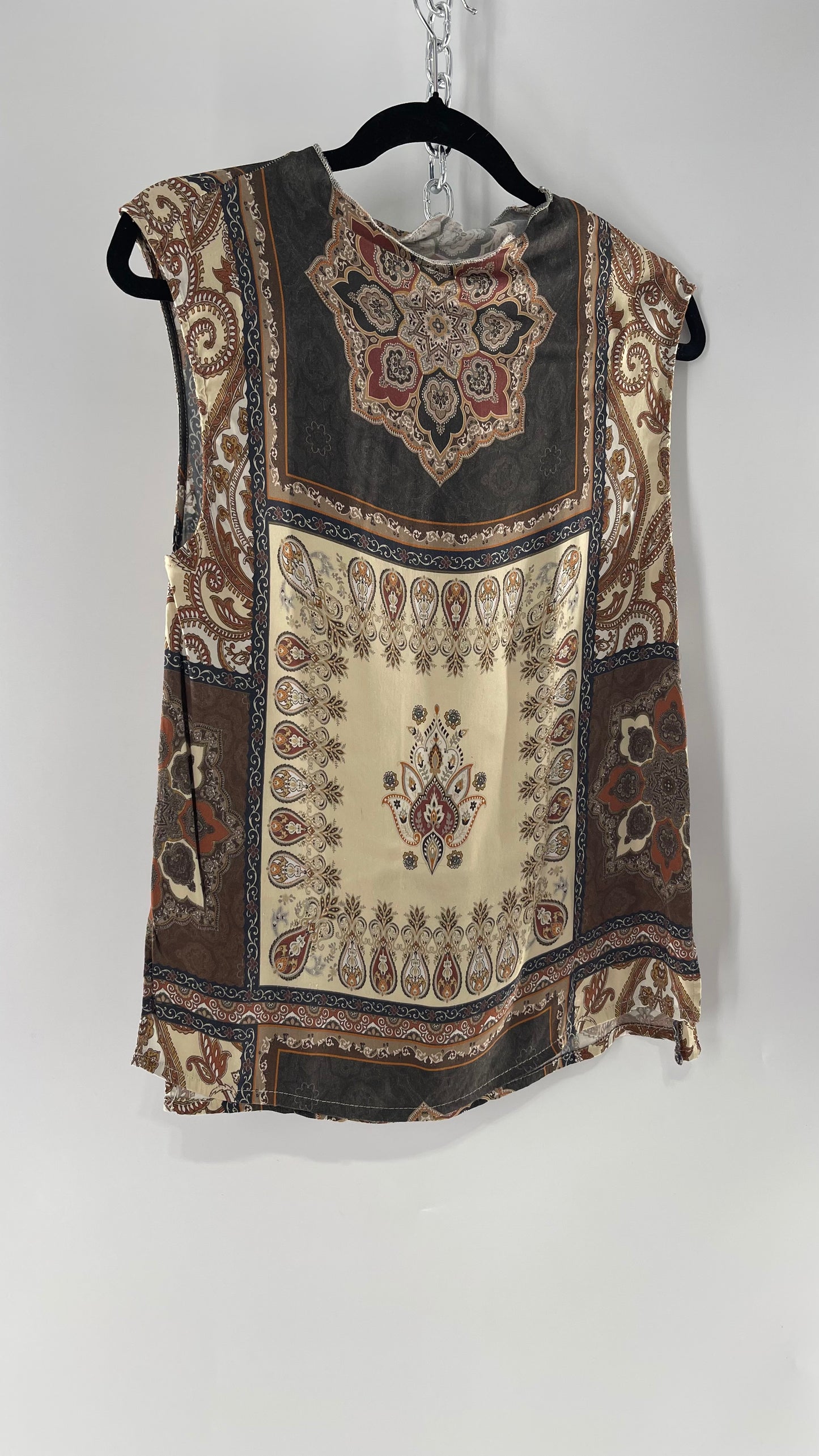 Free People CHASER Neutral Paisley Patterned Sleeveless High Neck Blouse (Small)