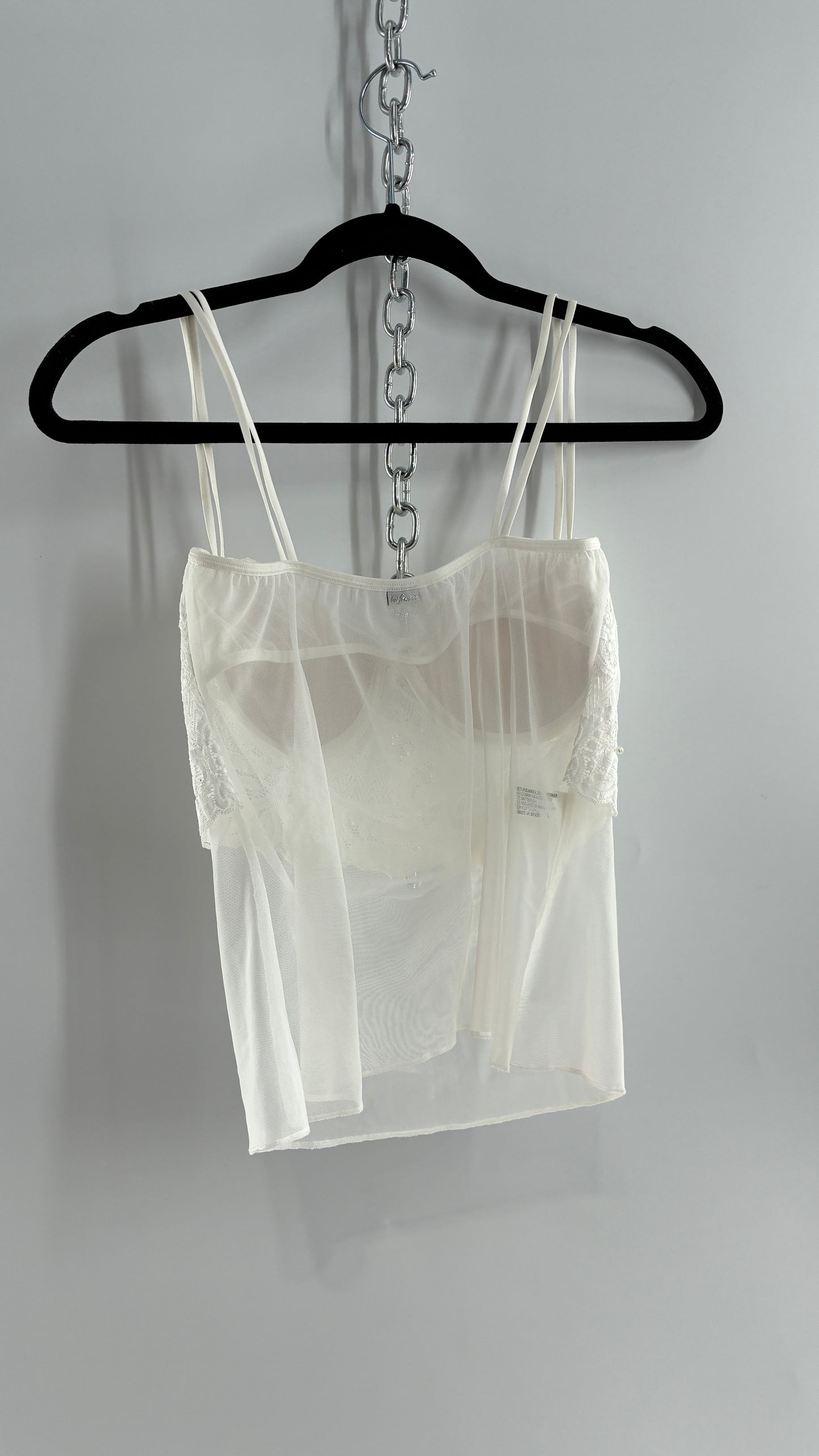Vintage LA FRESCA White Lace Bustier Babydoll with Mesh Bodice and Beaded Cups/Band (Large)
