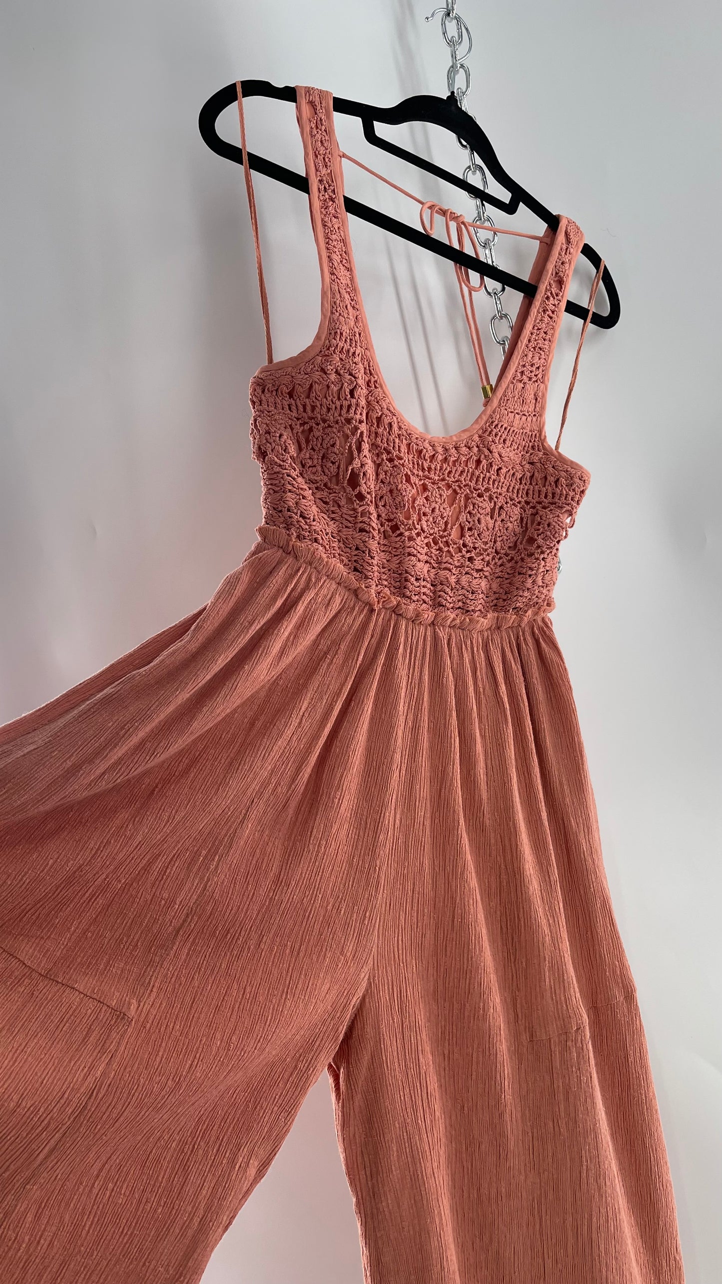 Free People Rose/Peach Pink Wide Leg Jumpsuit with Crochet Bust and Tags Attached (XS)