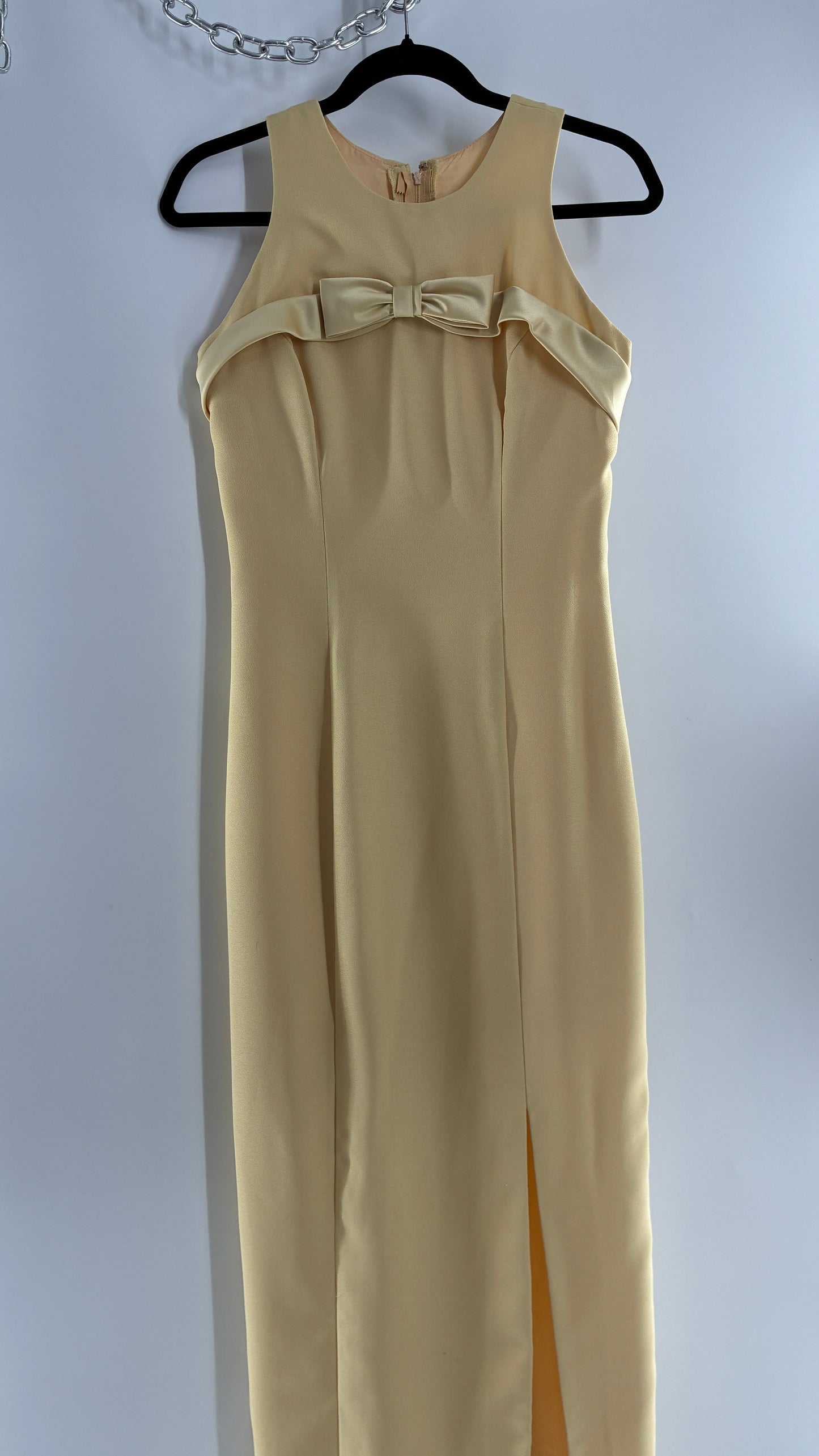 Vintage ALYCE’S Baby Yellow High Neck Satin Bow Bust, Side Slit, Button Back Gown (Measured)