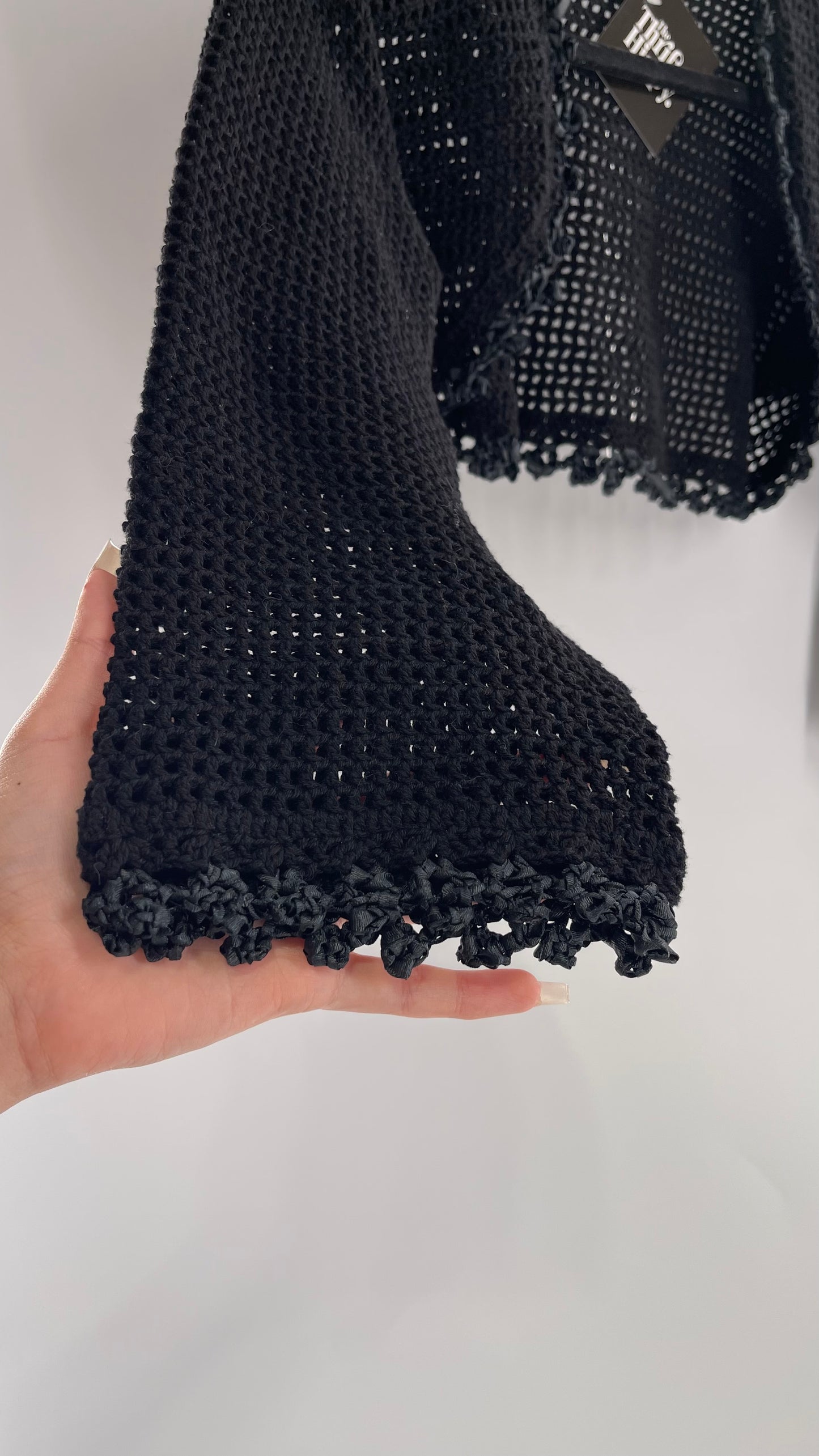 Vintage Black Hand Knit Crochet Shrug with Ribbon Detailing (Medium)