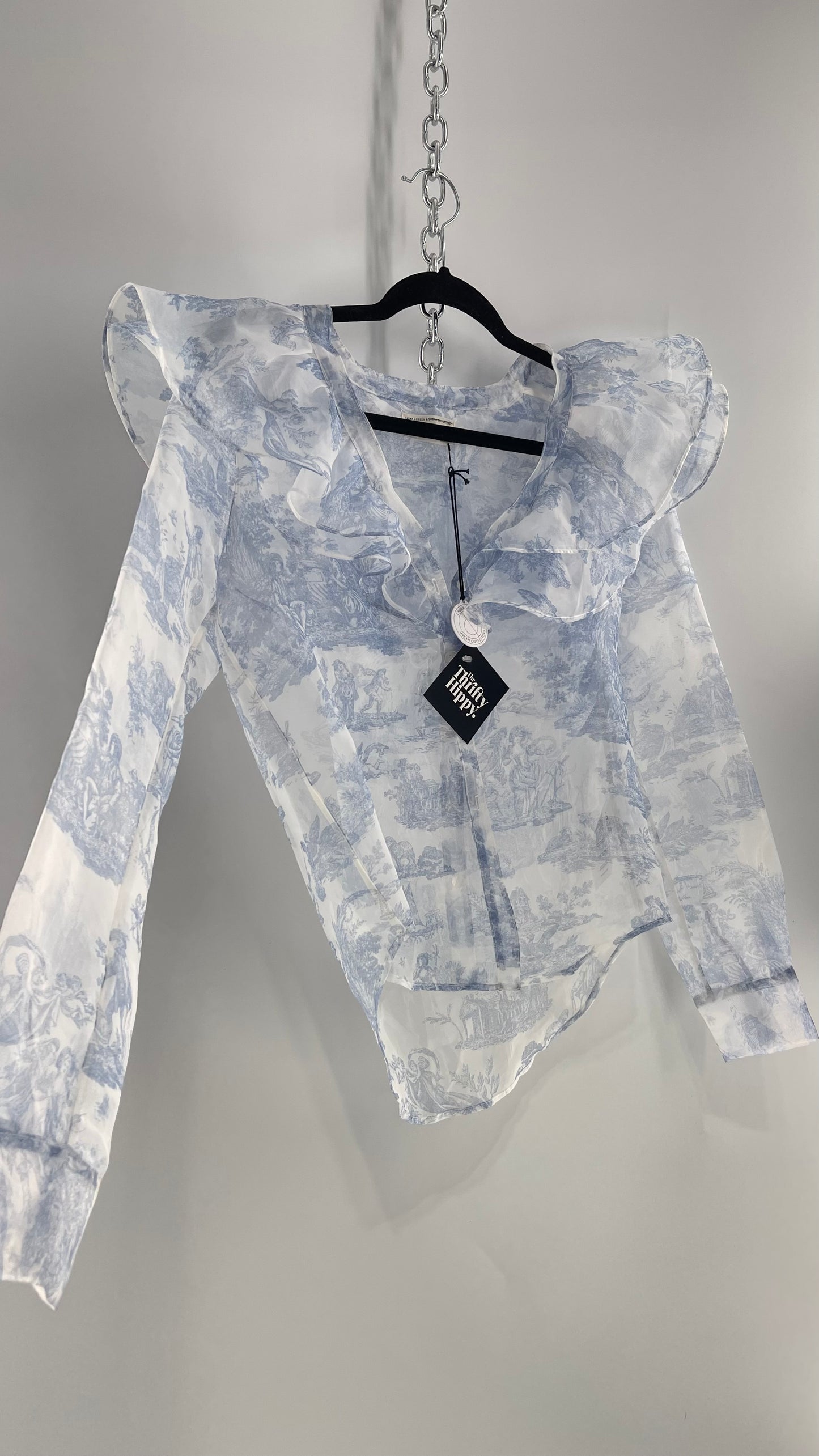 Laura Ashley Urban Outfitters Voile Sheer Ruffled Shoulder Button Up with Blue Vintage Print (XS)