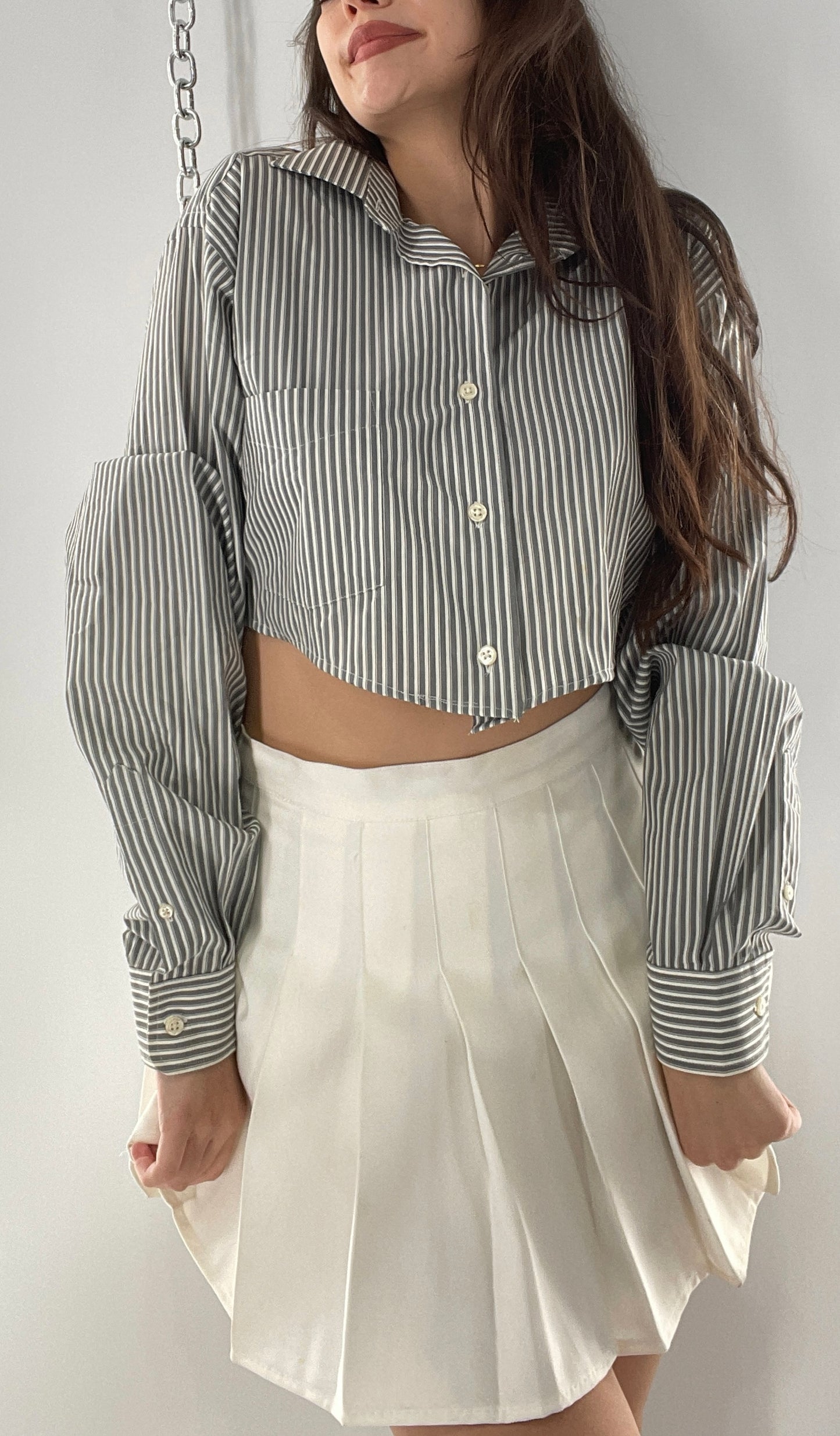 Vintage Reworked Button Front Backless Grey Blue Striped Blouse (One Size)