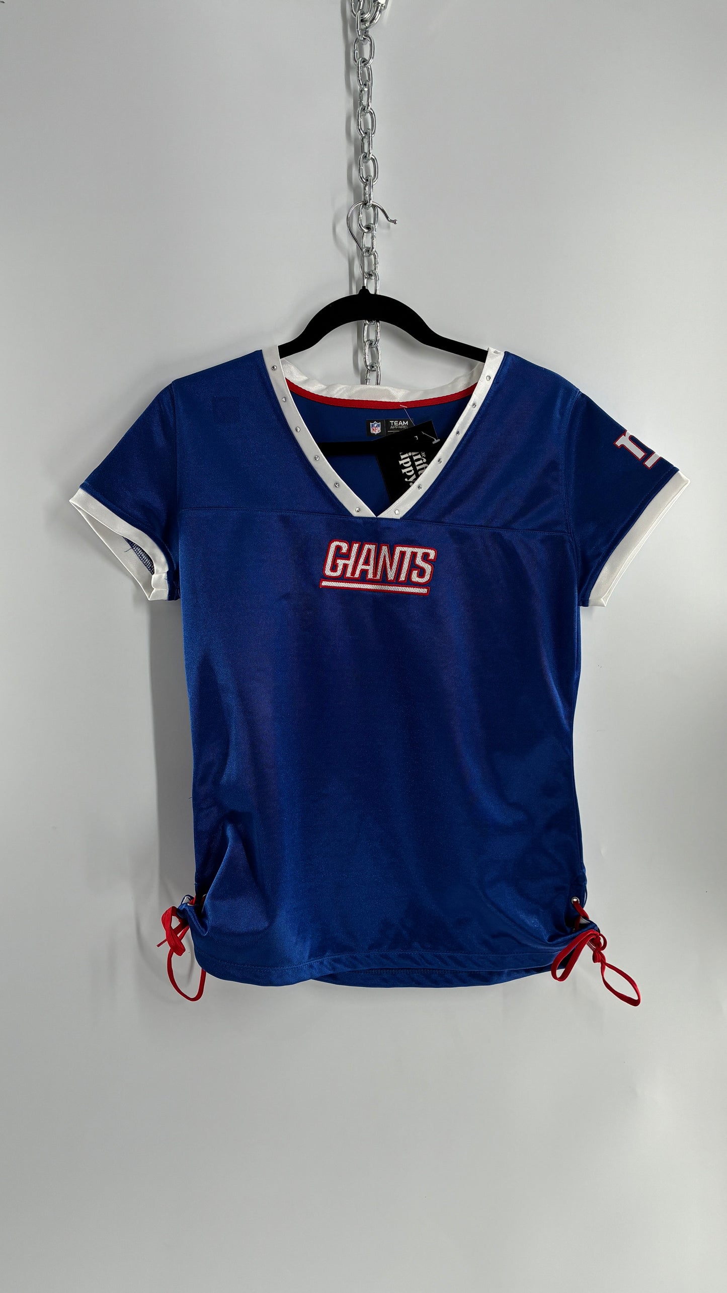 Vintage GIANTS NFL Ribbon Tie Side Jersey with Rhinestone Details (Large)