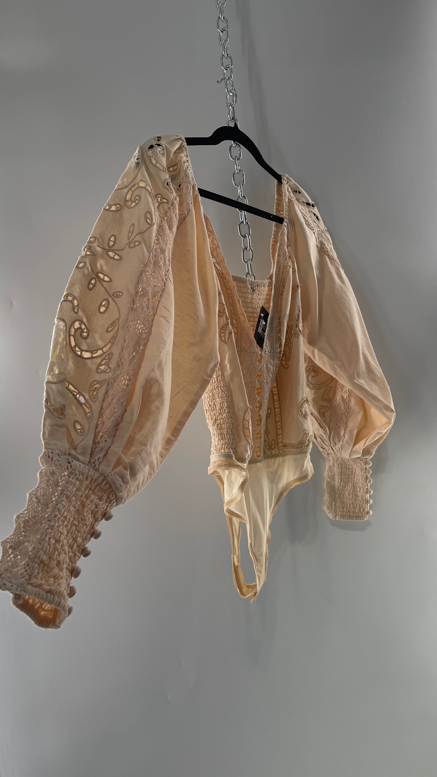 Free People Off White Cotton Bodysuit with Embroidered Lace Balloon Bishop Sleeve and Smocked, Buttoned Cuffs (Large)